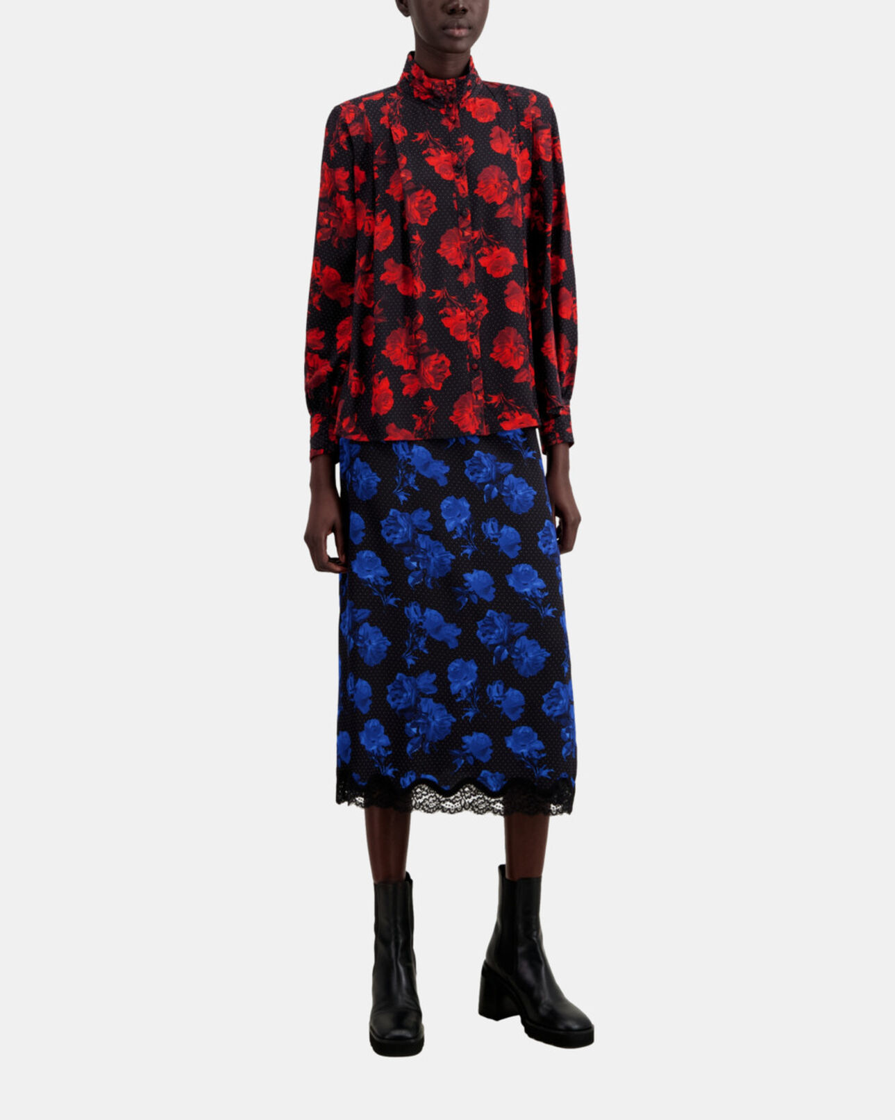 The Kooples WOMEN BLACK - RED printed silk top with pleating