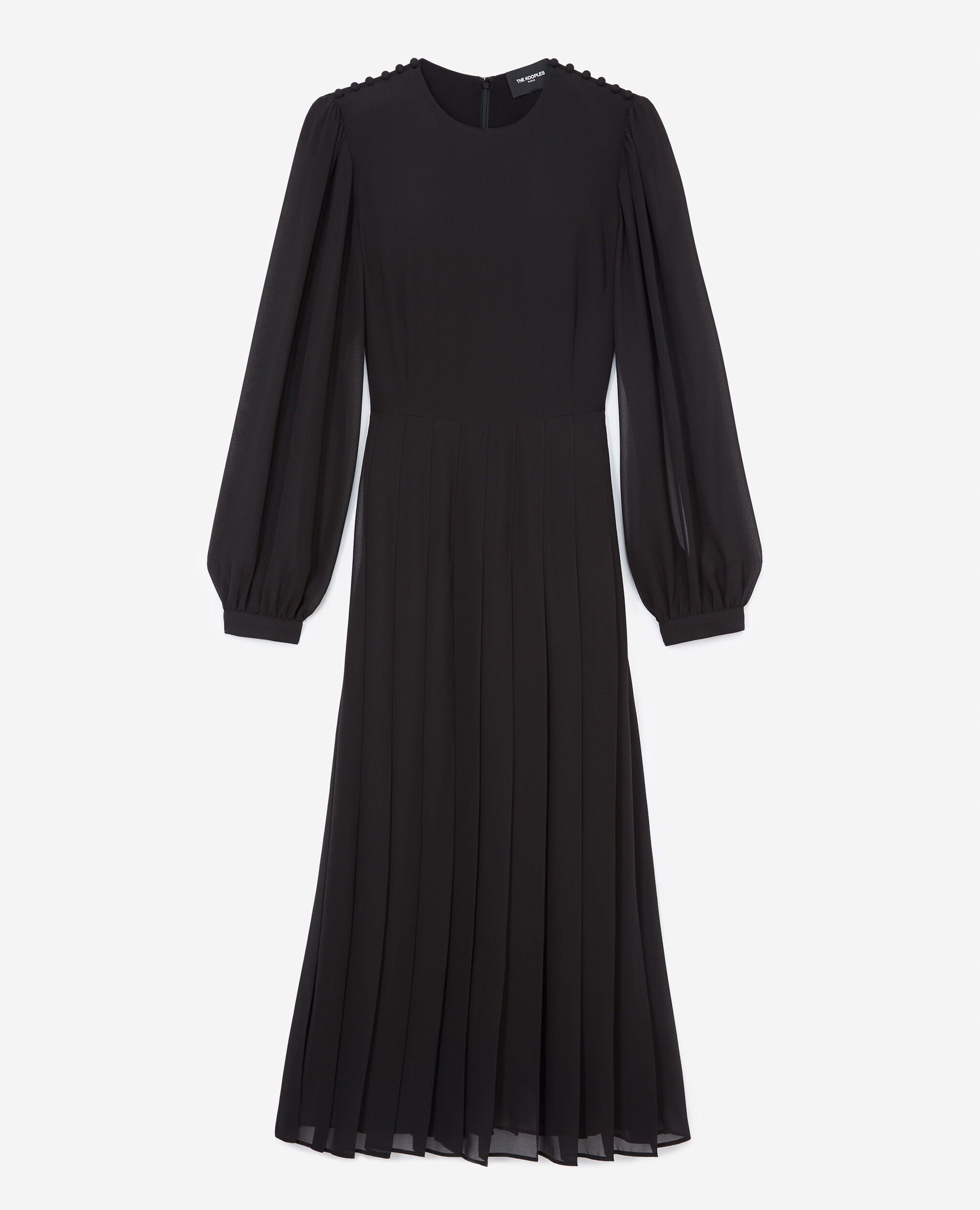 Pleated long black dress w/ shoulder buttons, BLACK, hi-res image number null