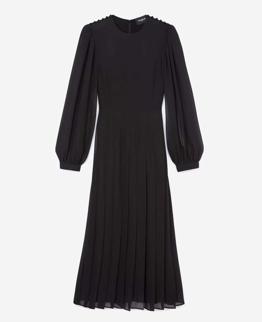 robe longue noire plissée boutons épaule