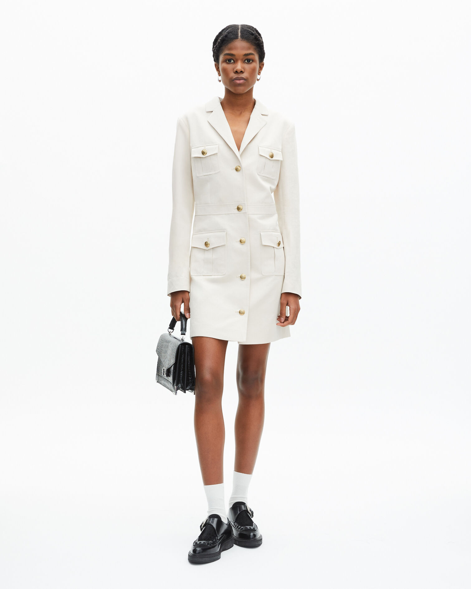 Short officer-style dress in ecru linen, BEIGE, hi-res image number null