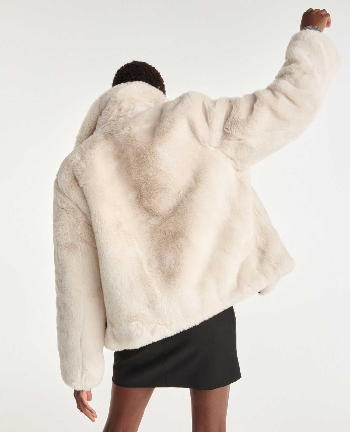 White faux fur coat with leather