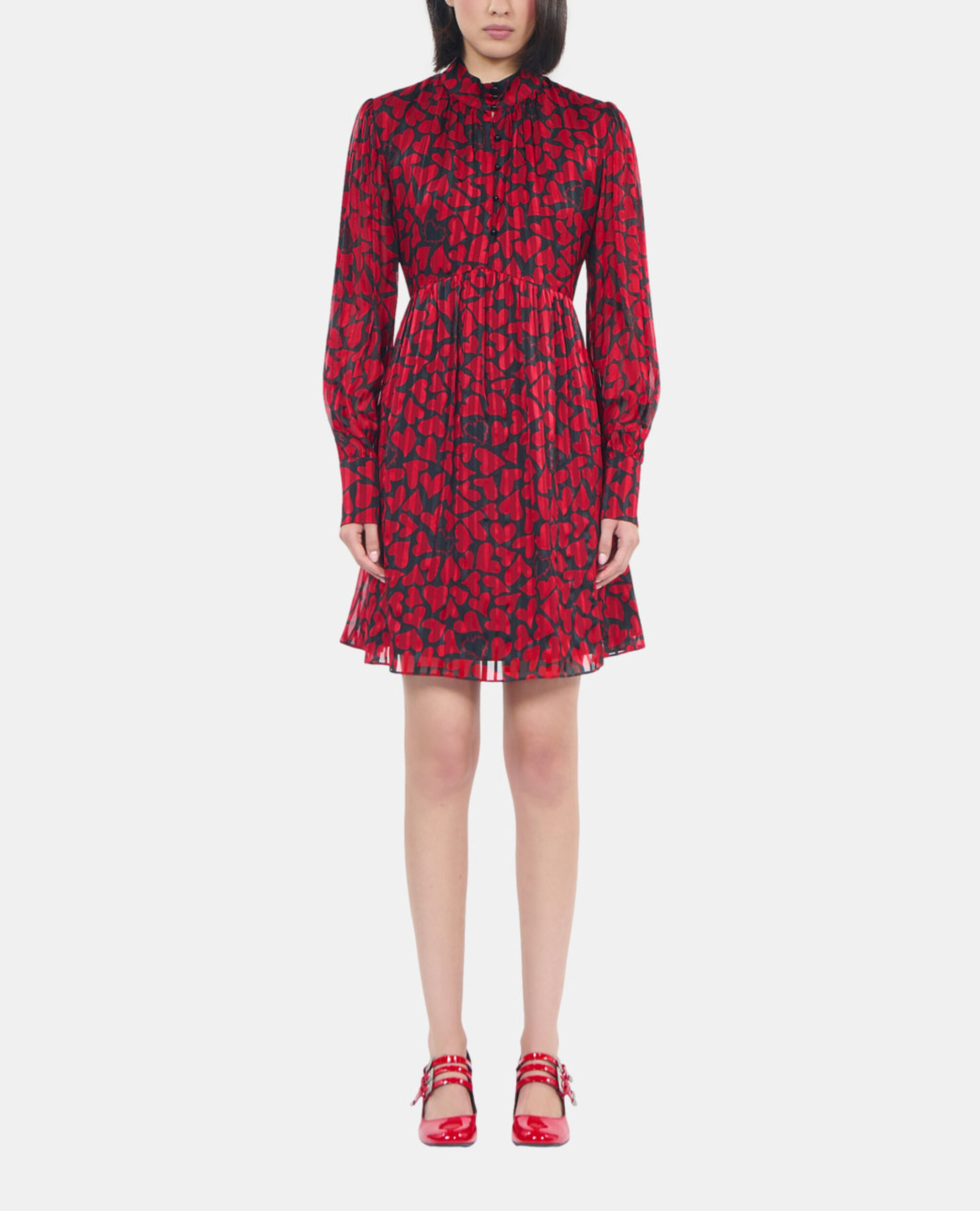 Short pleated heart print dress, BLACK - RED, hi-res image number null