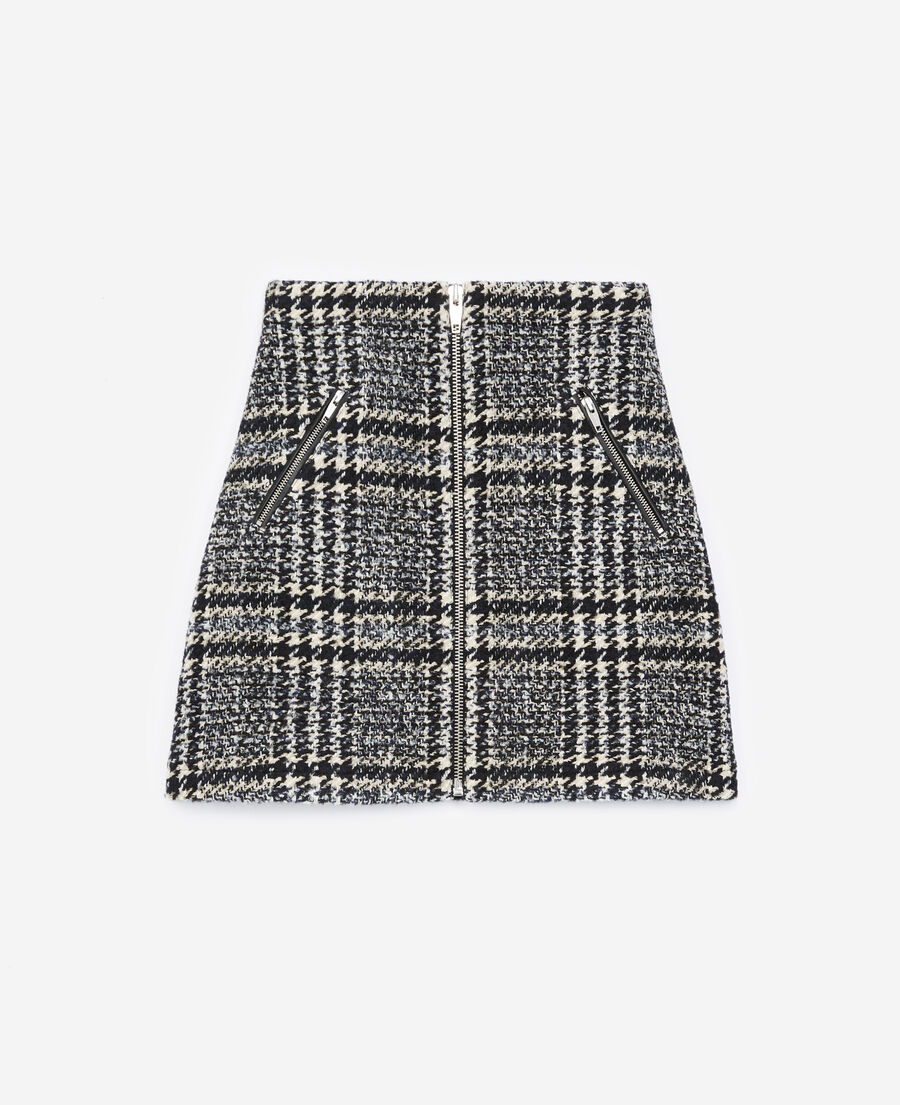 short blue tweed skirt with leather detail