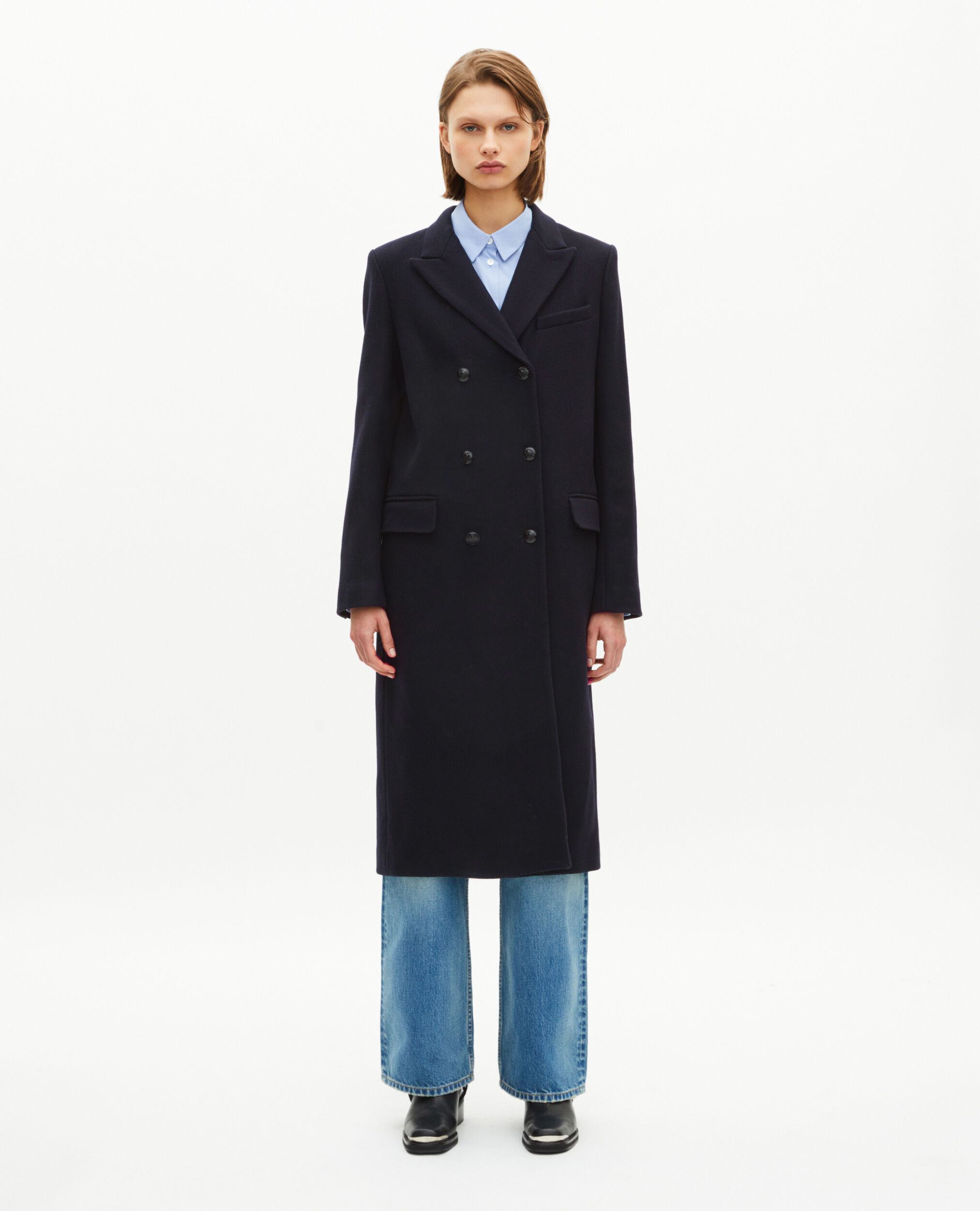Long double-breasted coat in navy wool | The Kooples US
