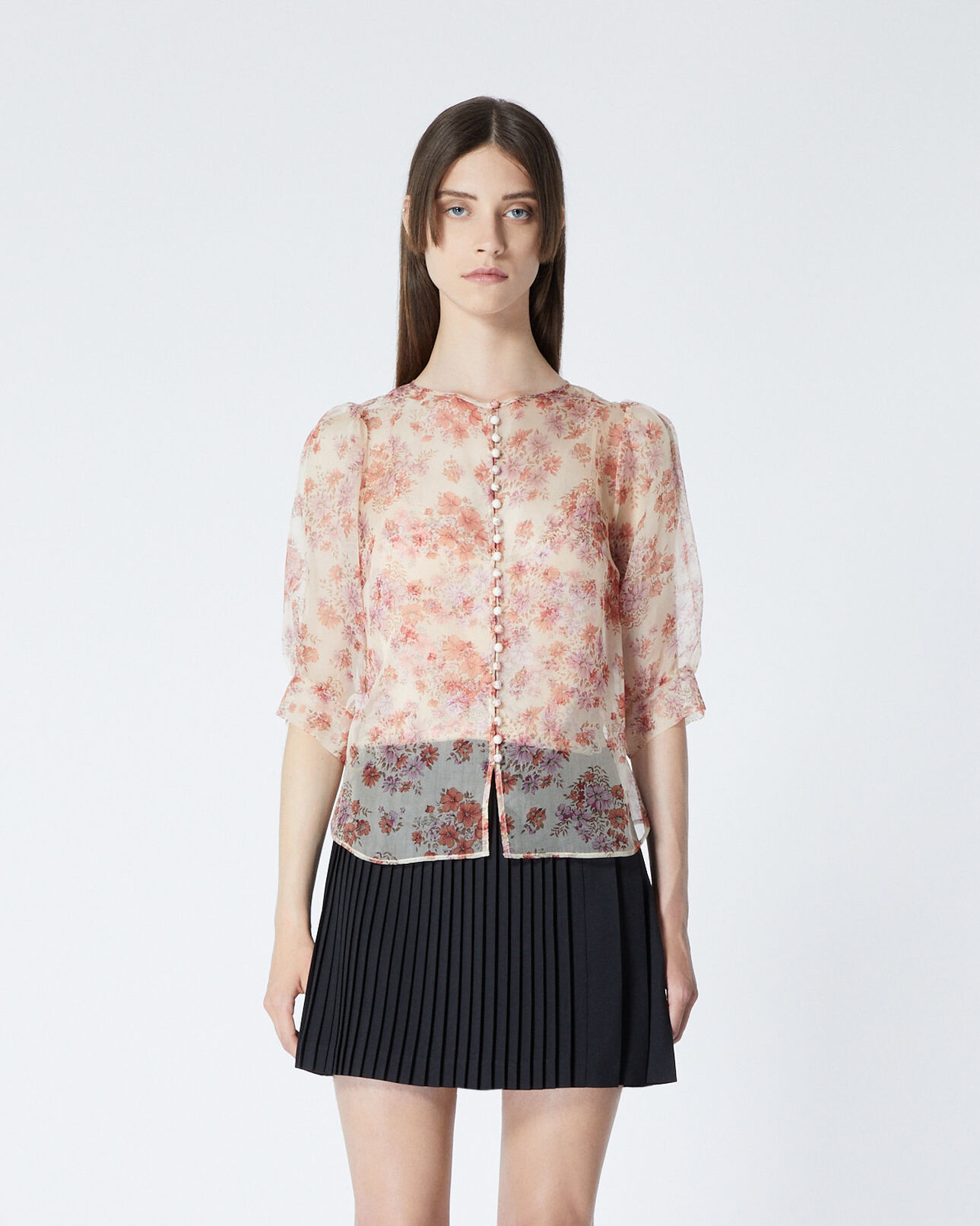 The Kooples WOMEN LIGHT PINK fitted floral printed see-through top