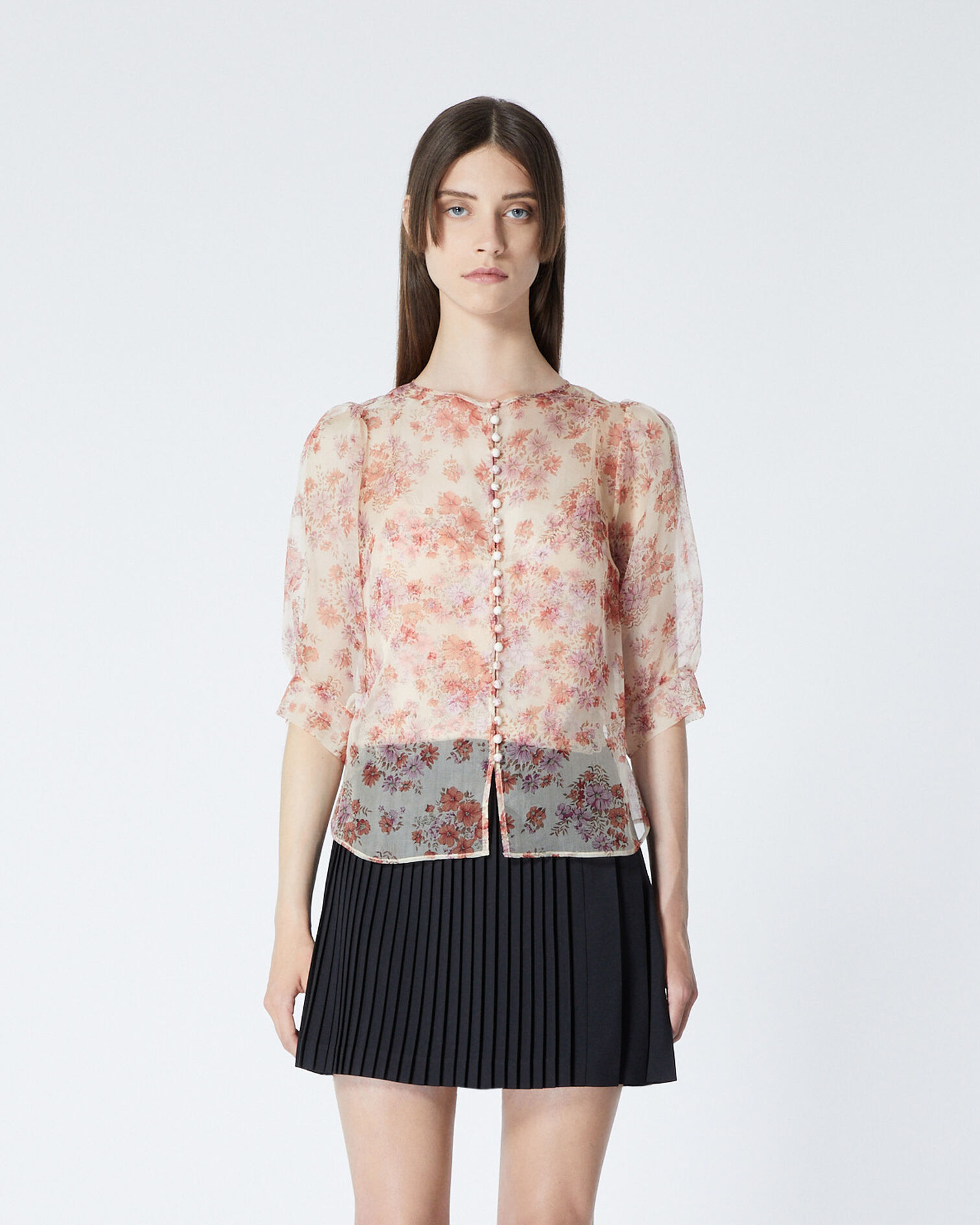 Fitted floral printed see-through top, LIGHT PINK, hi-res image number null