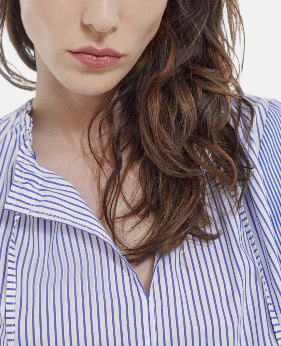 The Kooples F BLUE WHITE striped cotton printed blue top with tie-drop neck