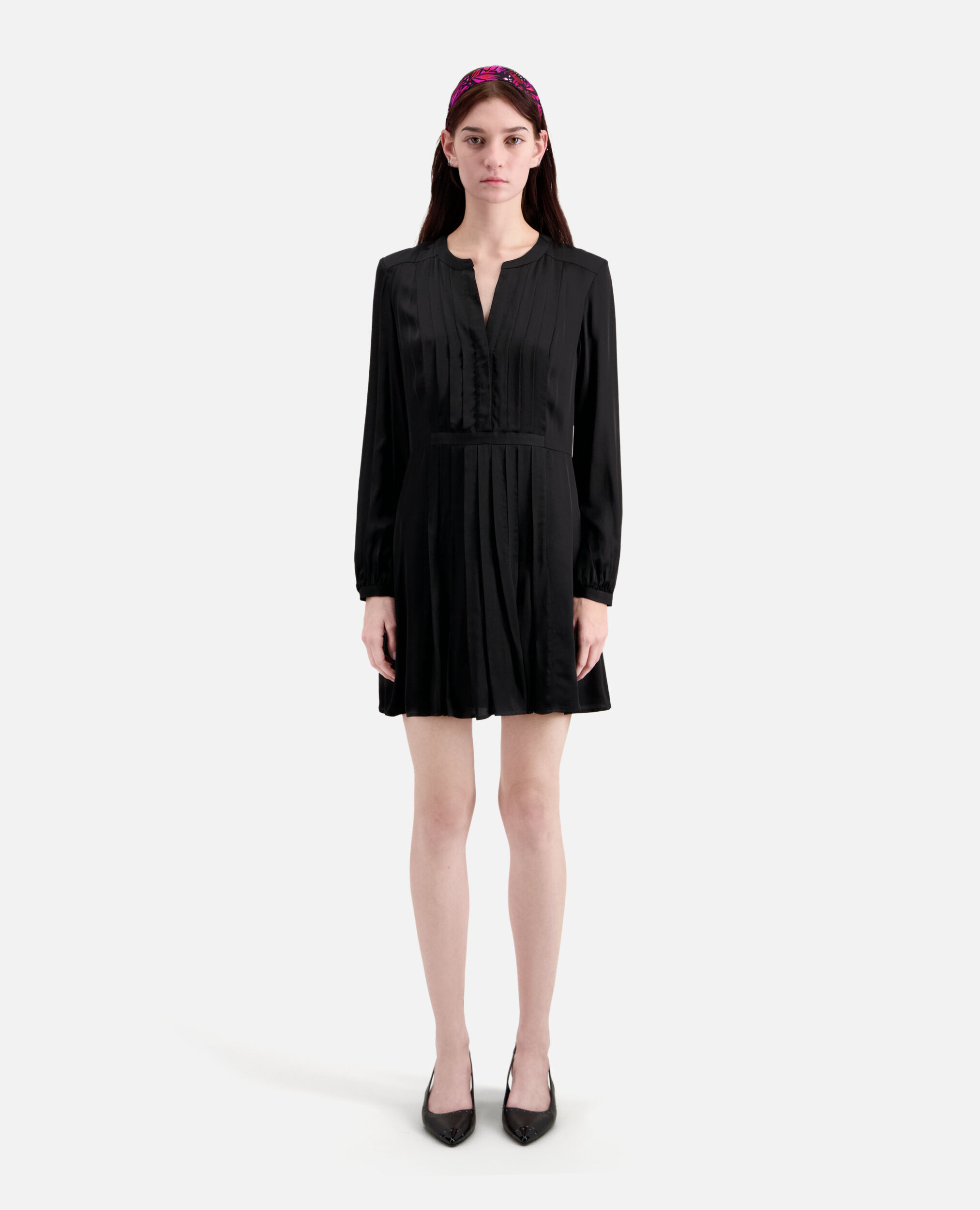 Short black dress with pleating, BLACK, hi-res image number null