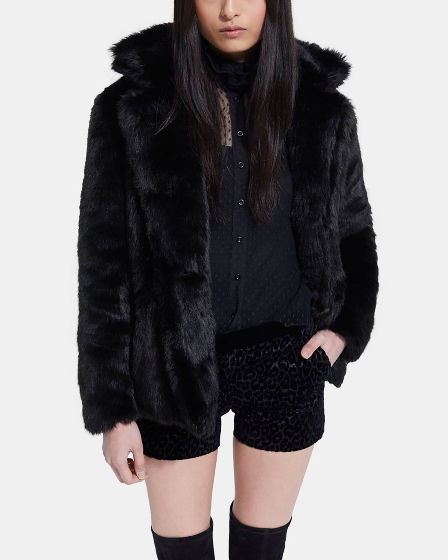 Black faux fur coat, BLACK, hi-res image number null