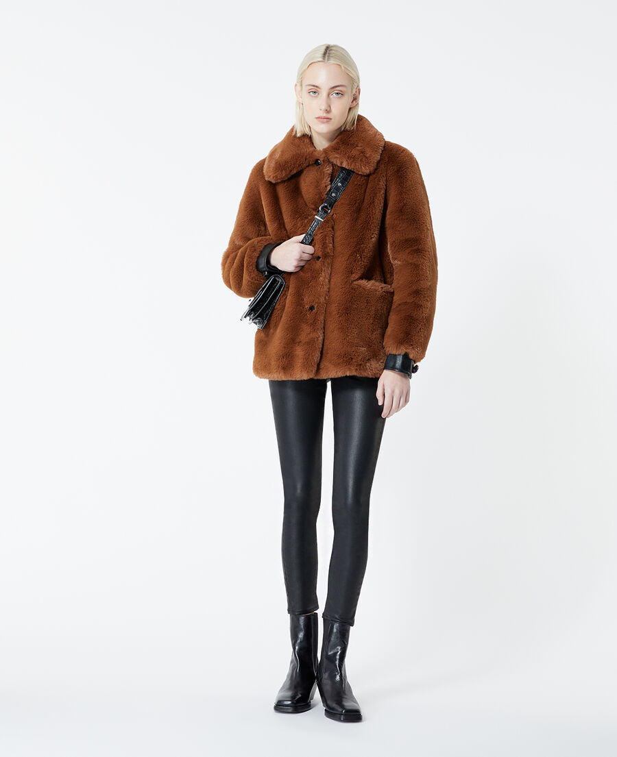brown faux fur coat with leather details