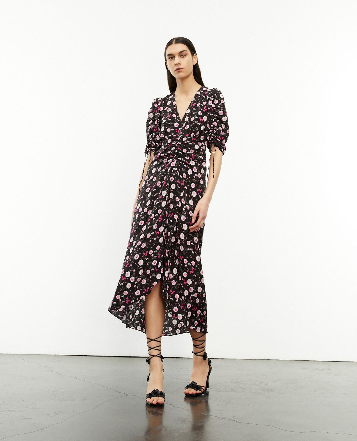 Long black and pink dress with floral print