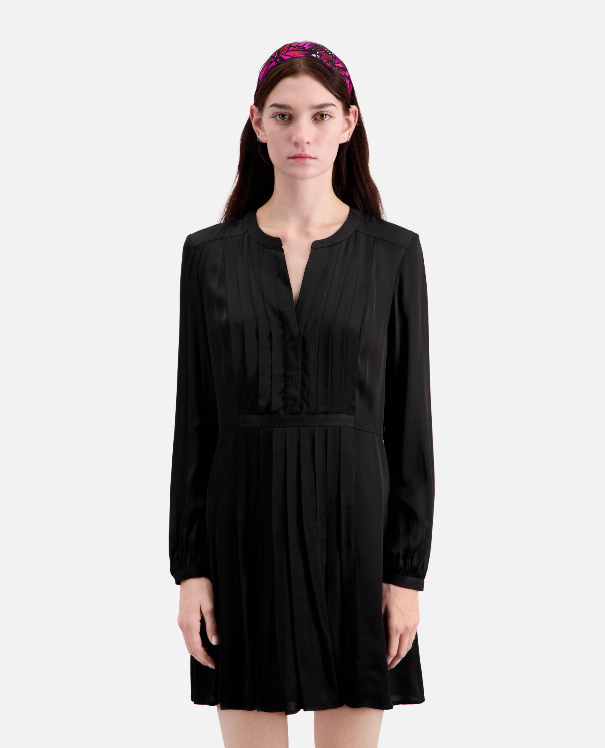 Robe courte noire avec plissage, BLACK, hi-res image number null