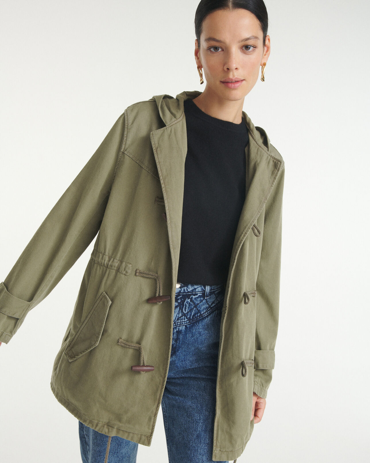 The Kooples WOMEN OLIVE khaki mid-length hooded denim parka