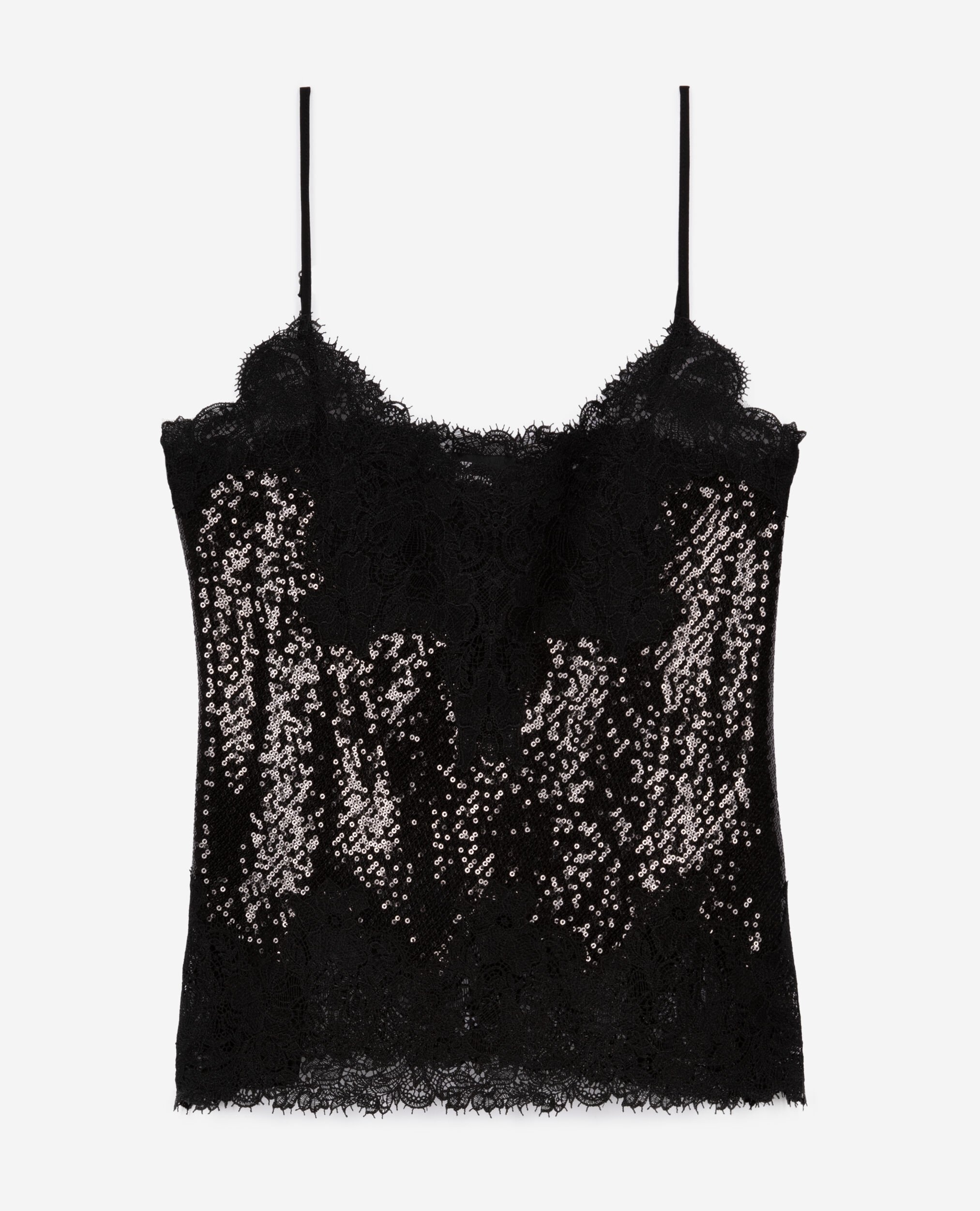 Schwarzes Camisole mit Pailletten und Spitze, BLACK, hi-res image number null