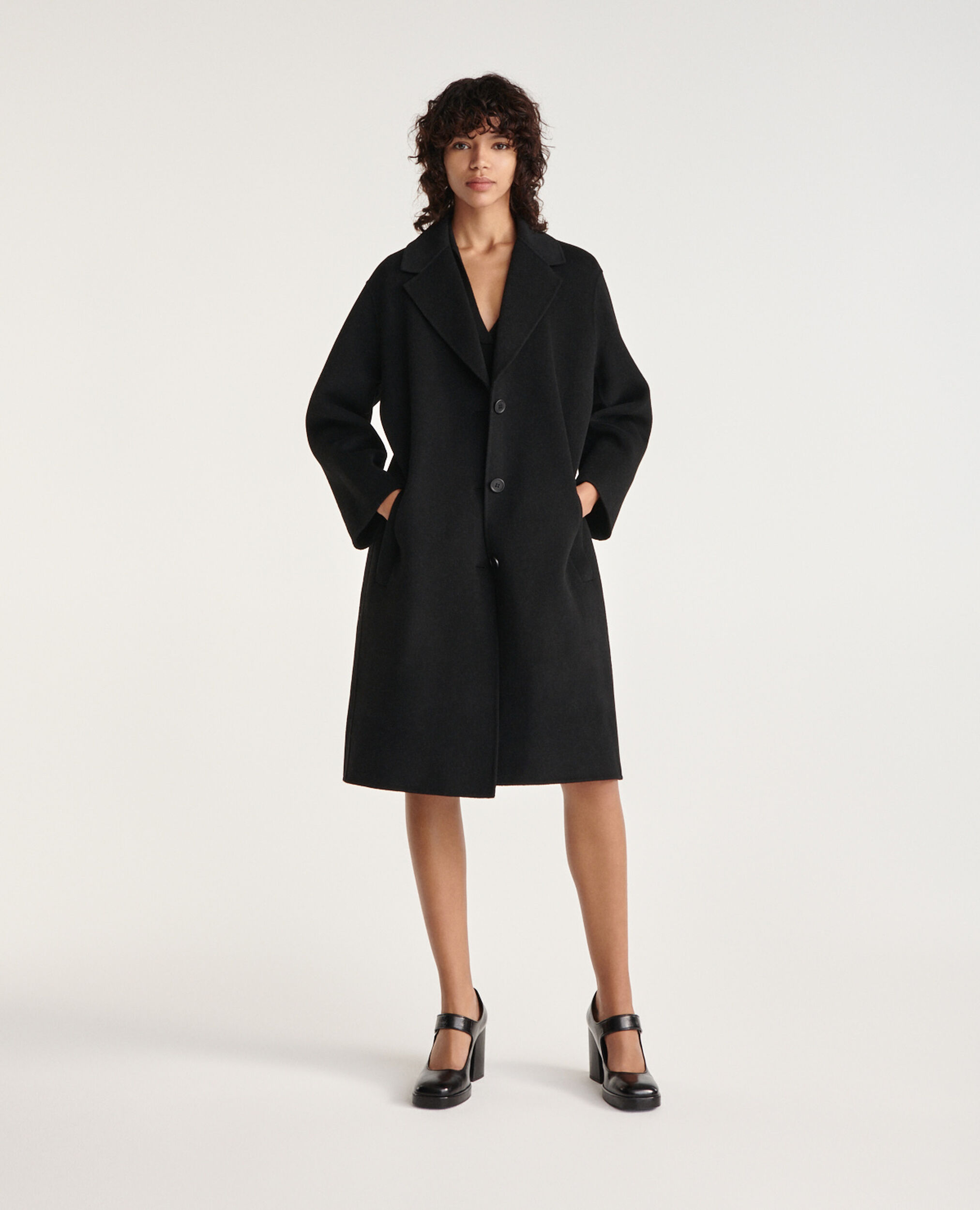 Double-faced button-up black wool coat, BLACK, hi-res image number null