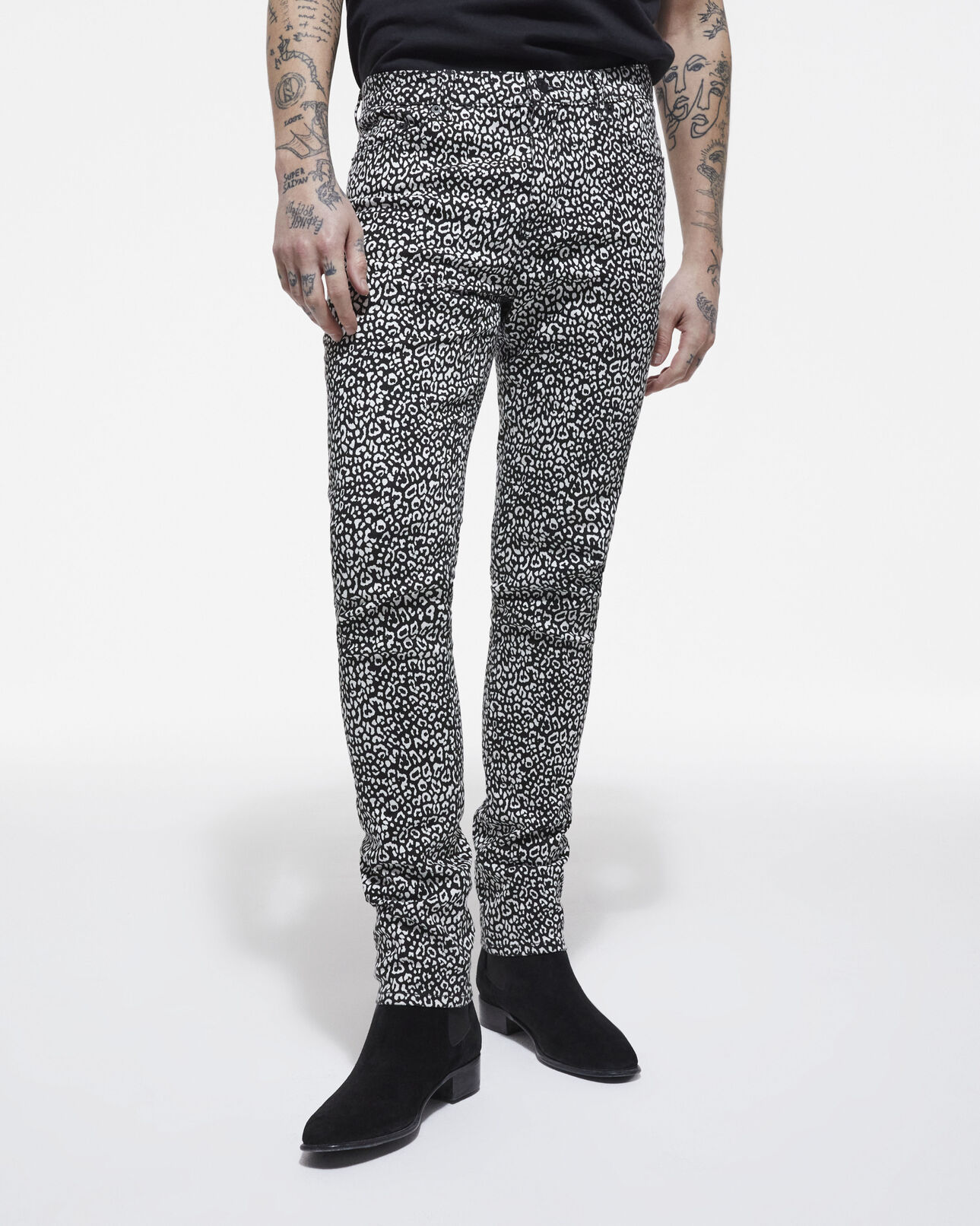 The Kooples MEN BLACK black leopard print slim-fit jeans