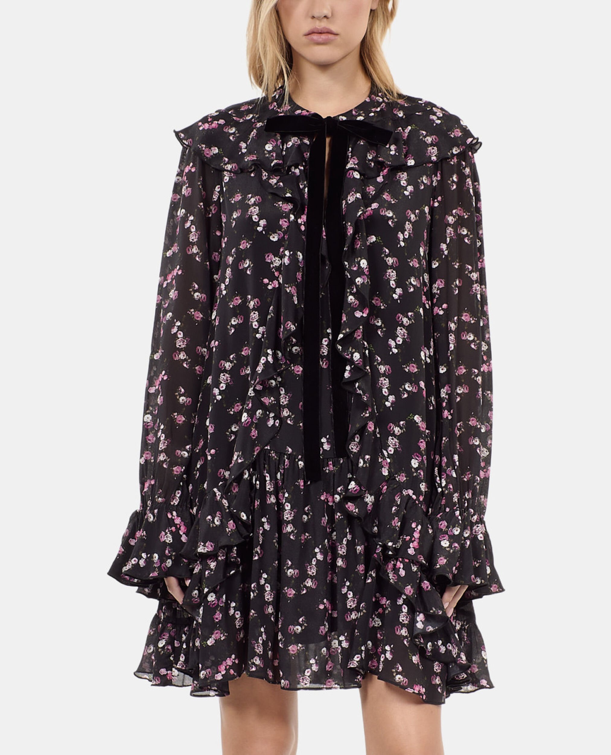 Robe courte à volants imprimé fleuri, BLACK, hi-res image number null