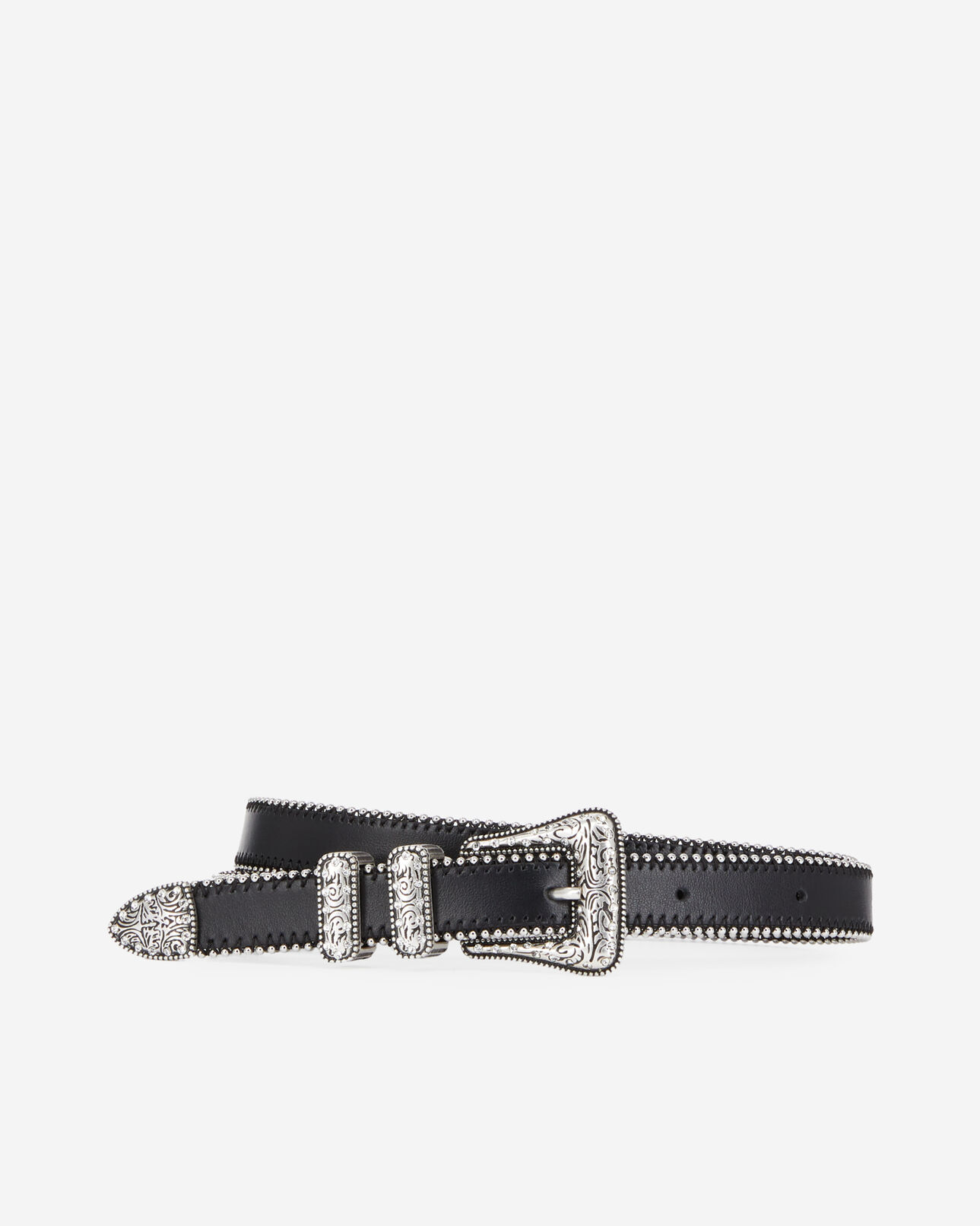 The Kooples FEMME BLACK ceinture en cuir noir bordé de billes avec boucle western à strass