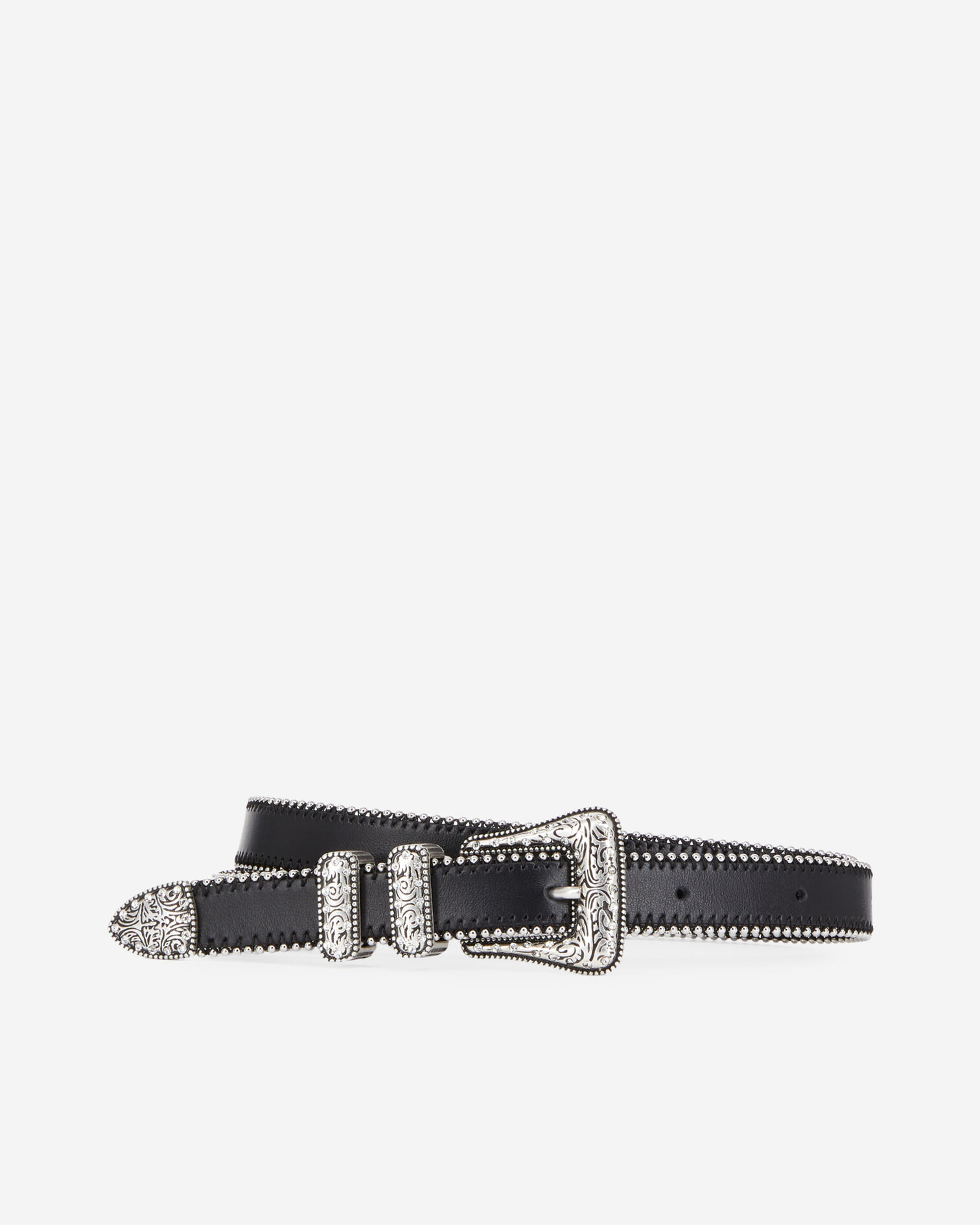 Ceinture en cuir noir bordé de billes avec boucle Western à strass, BLACK, hi-res image number null