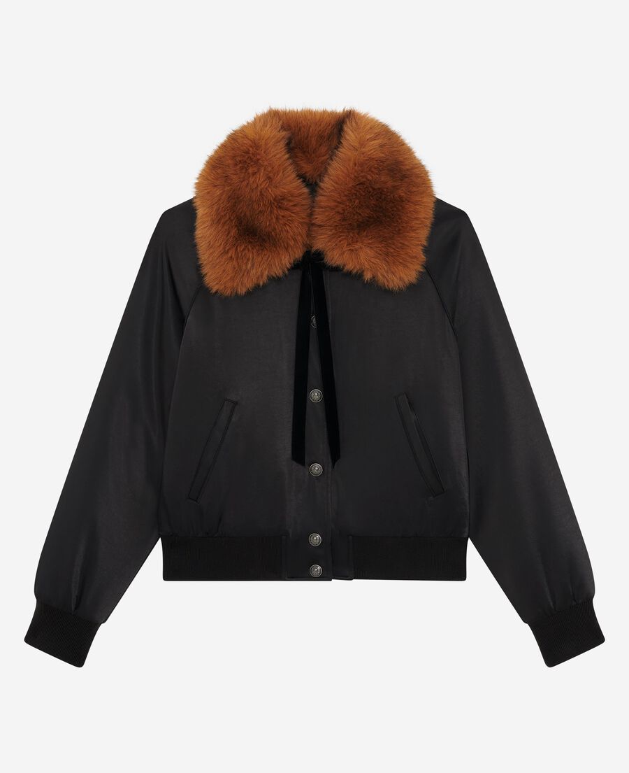 The Kooples WOMEN BLACK black satin fur collar jacket