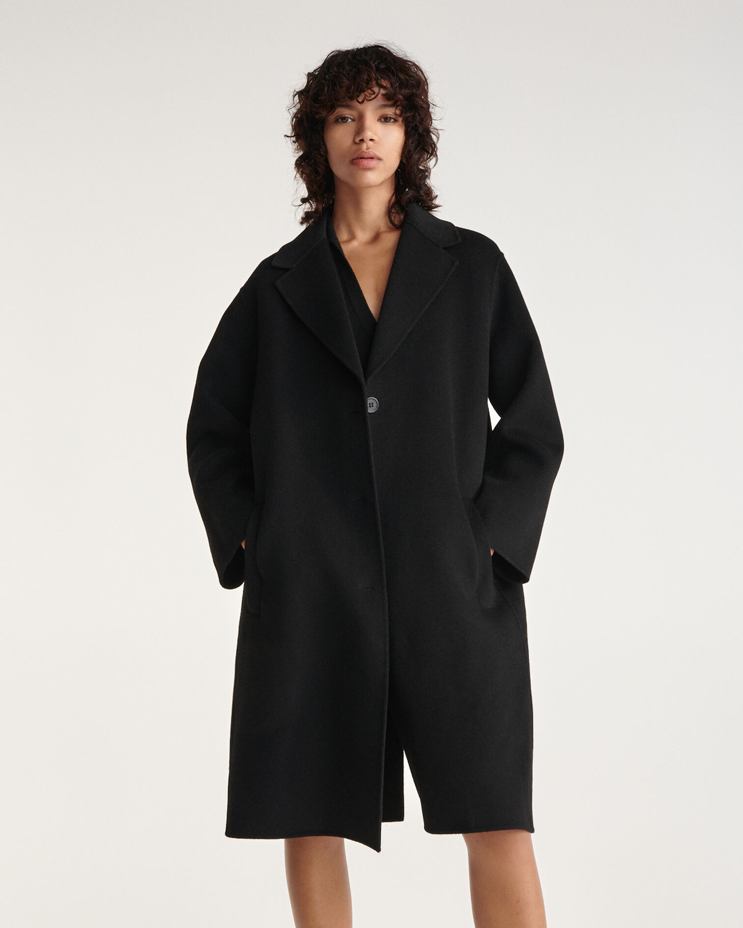 Double-faced button-up black wool coat, BLACK, hi-res image number null