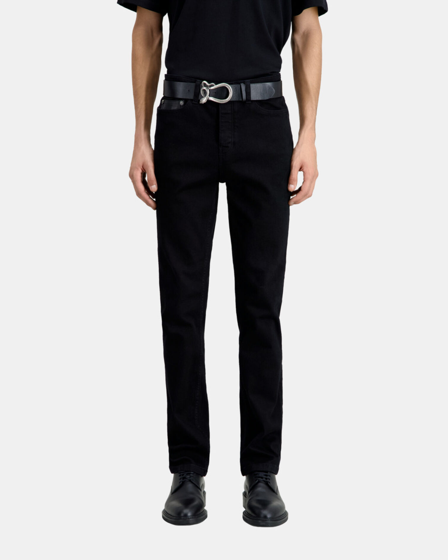 Jean noir slim avec poche en cuir, BLACK, hi-res image number null