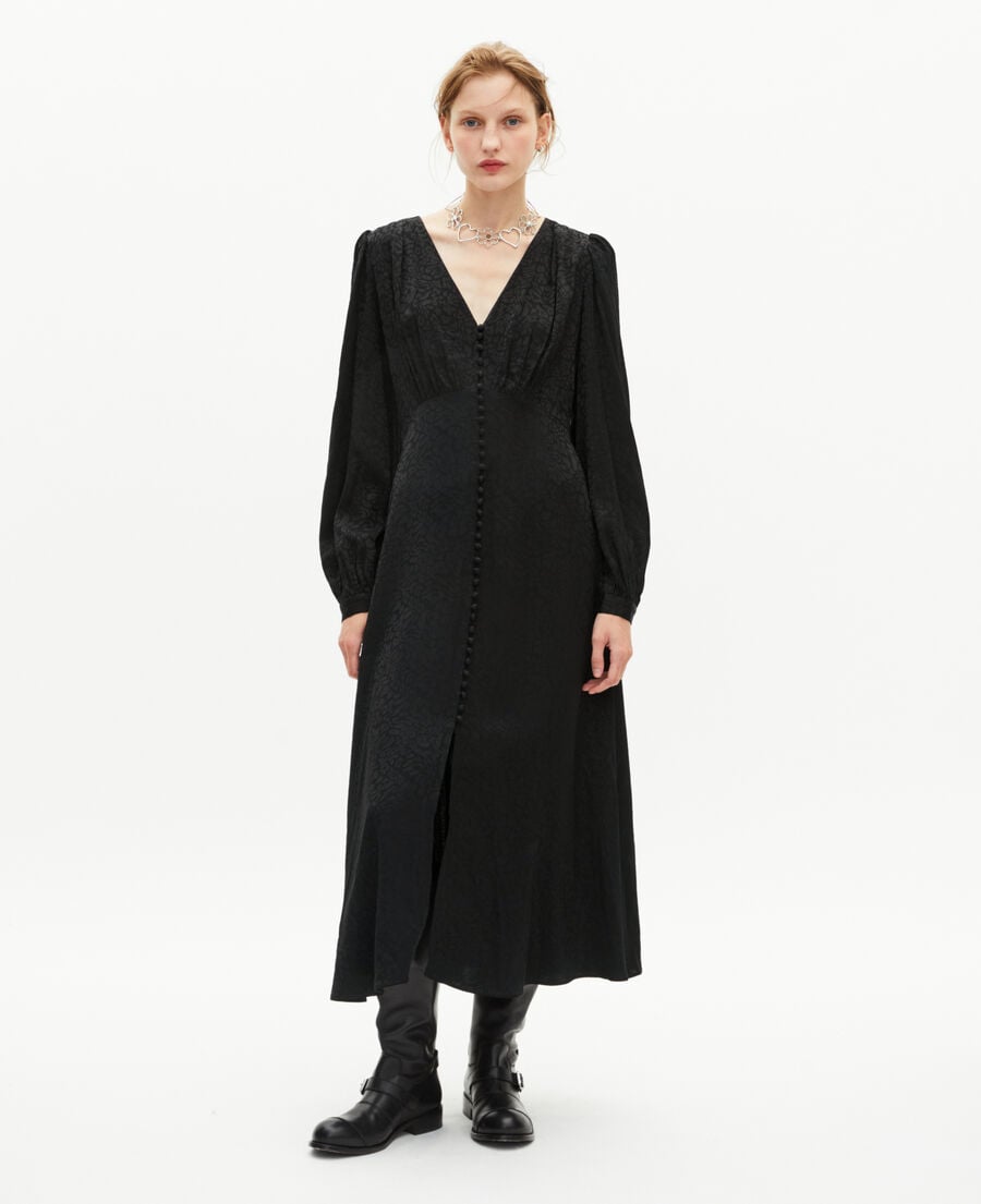 The Kooples FEMME BLACK robe longue en jacquard l&eacute;opard noire