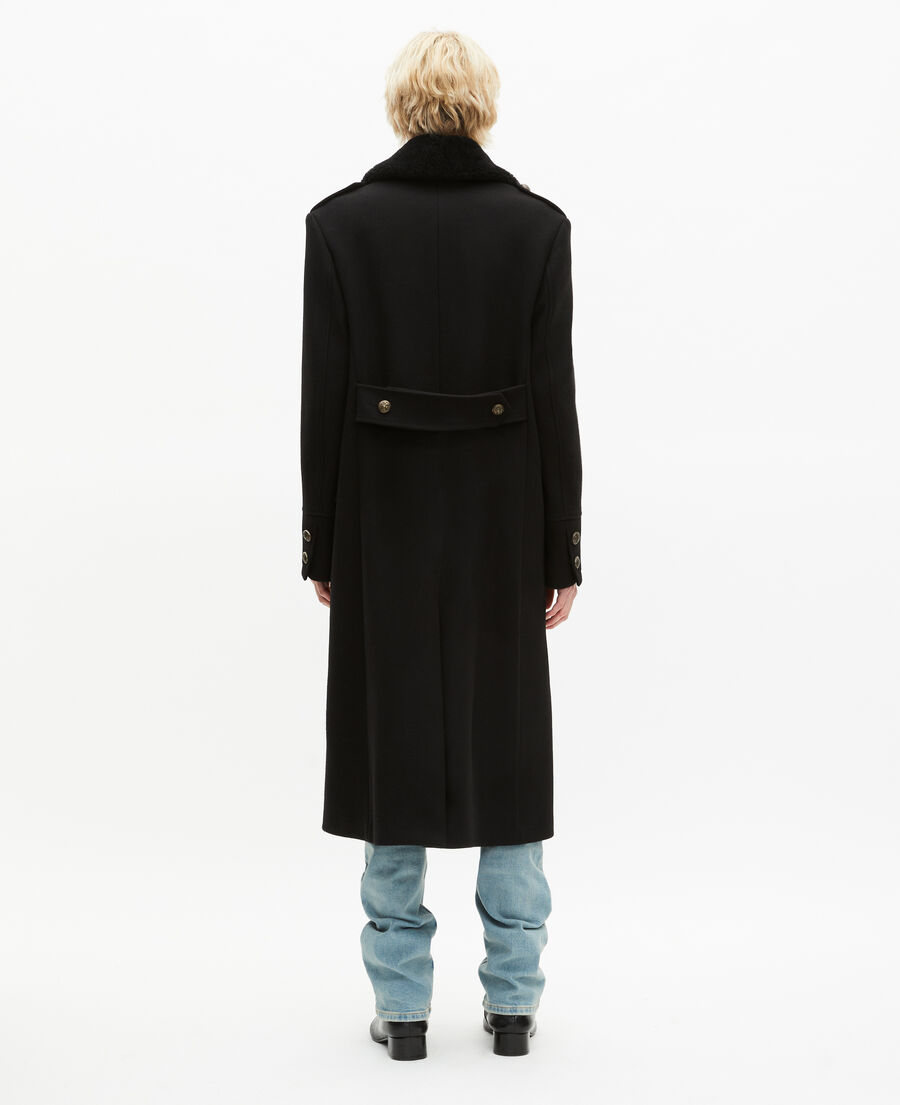 The Kooples MEN BLACK long black wool coat with sherpa collar