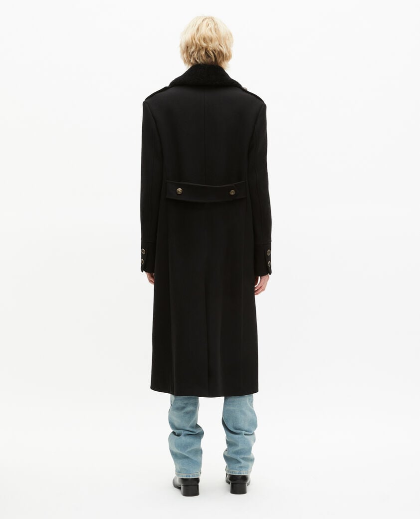 The Kooples MEN BLACK long black wool coat with sherpa collar