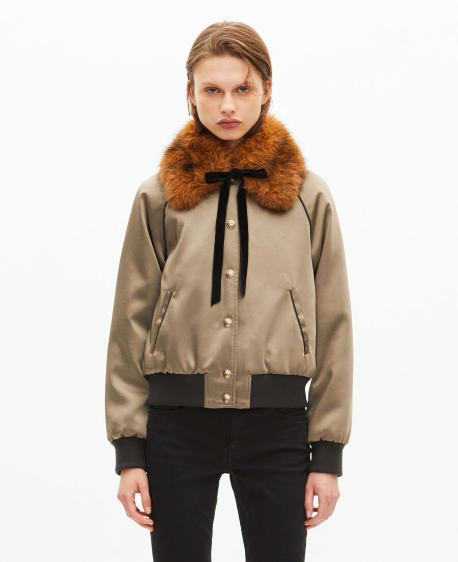 The Kooples FEMME KAKI blouson col fourrure satin&eacute; kaki