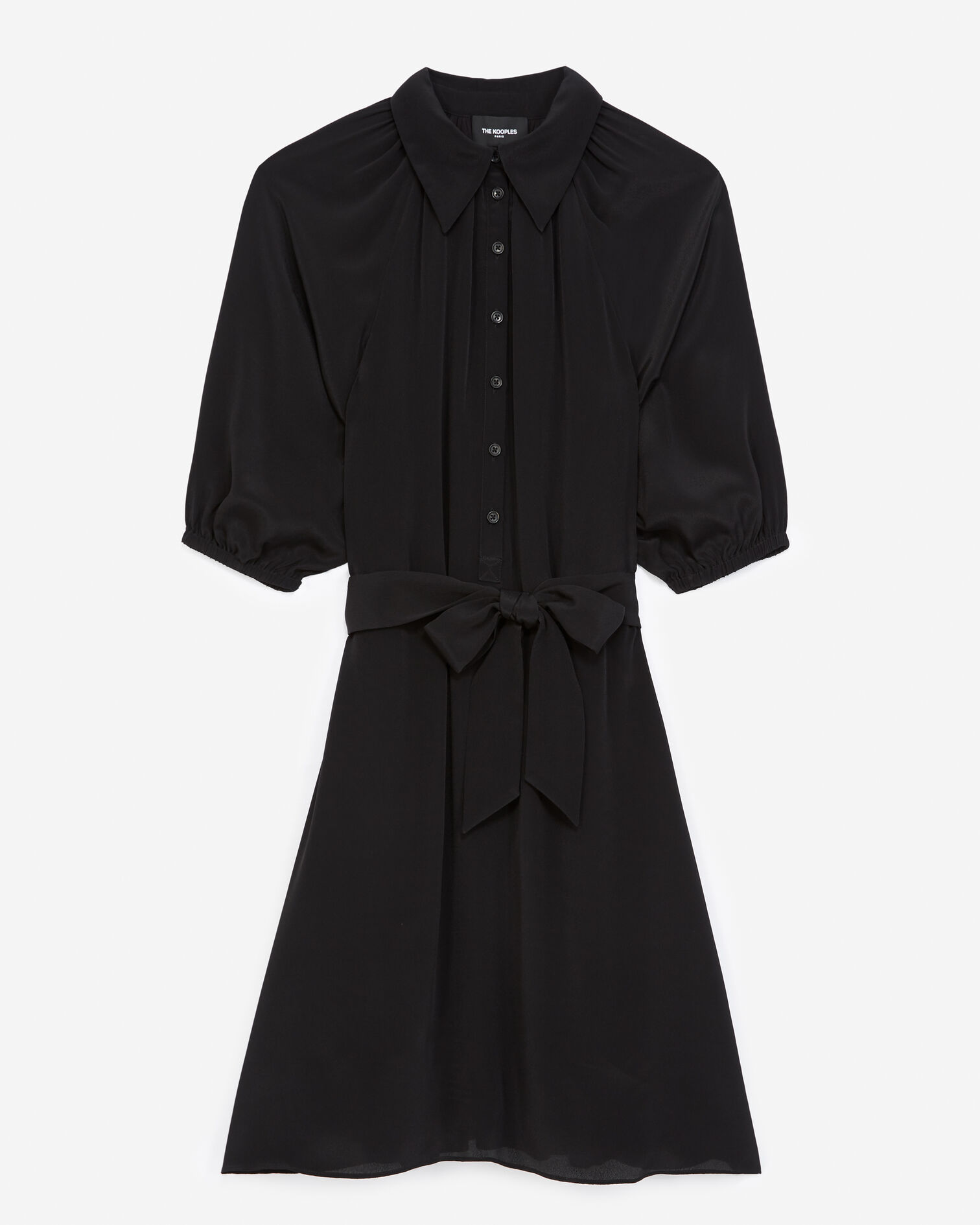 Robe longue noire col chemise dos plissé, BLACK, hi-res image number null