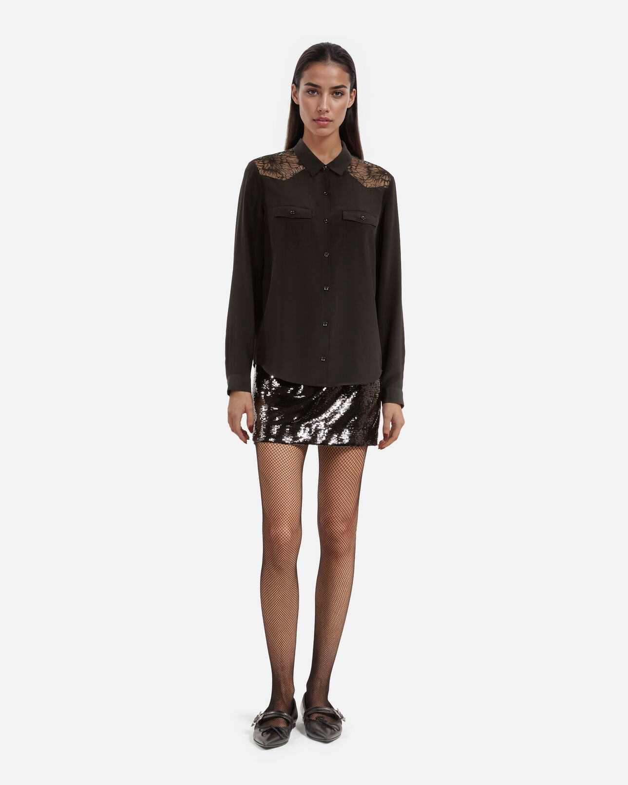 The Kooples WOMEN BLACK silk shirt with black lace