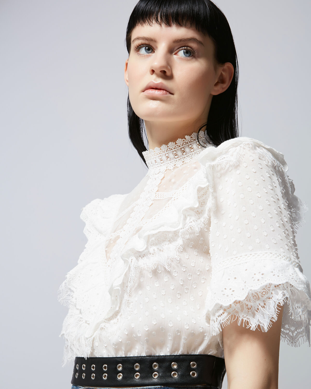 The Kooples MUJER ECRU top bordado blanco crudo cinturón efecto piel