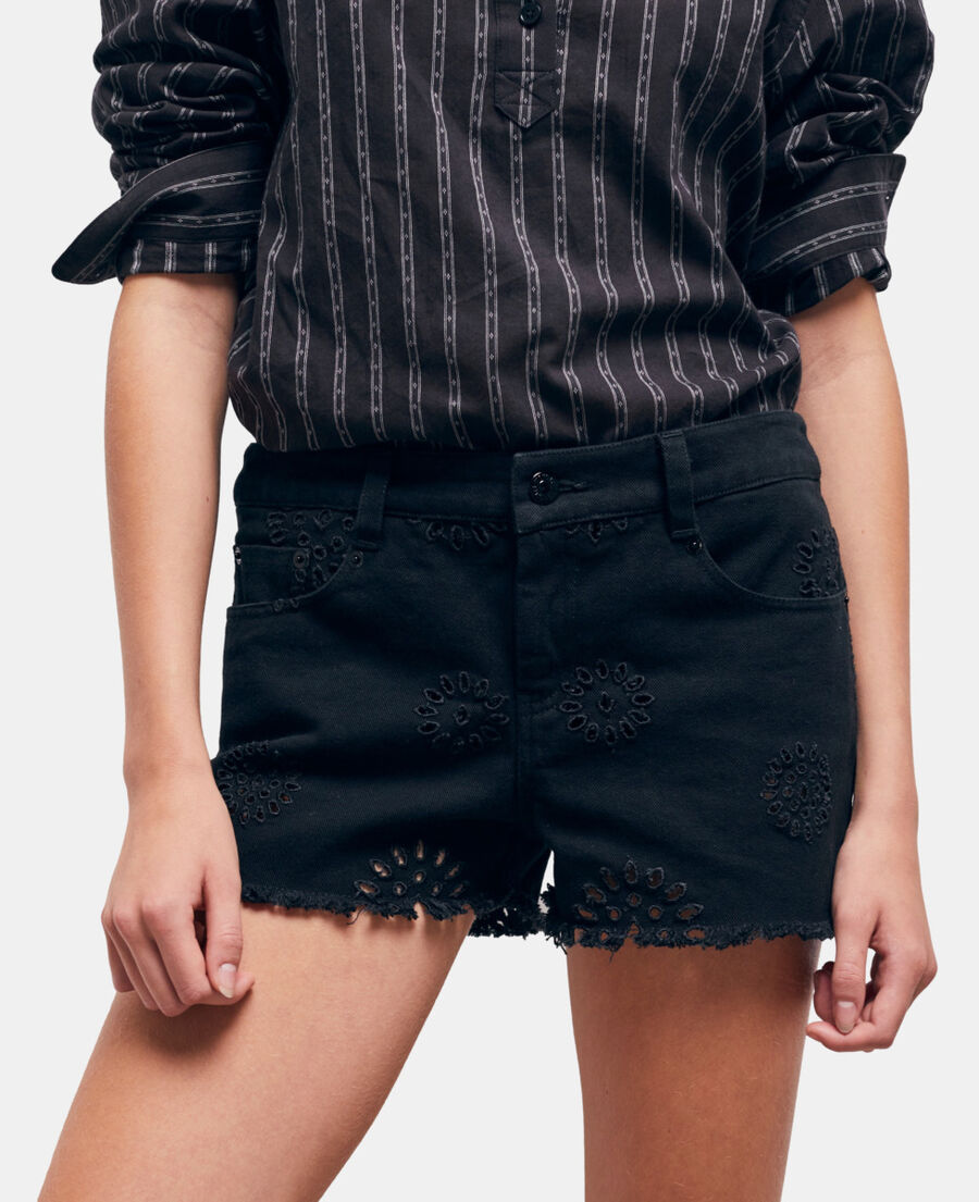 The Kooples DAMEN BLACK schwarze denimshorts mit englischer stickerei