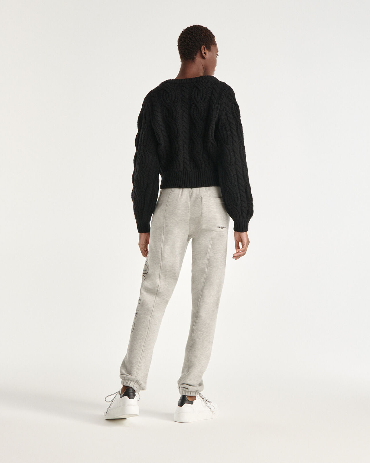 The Kooples WOMEN BLACK cropped black wool cardigan with cable knit
