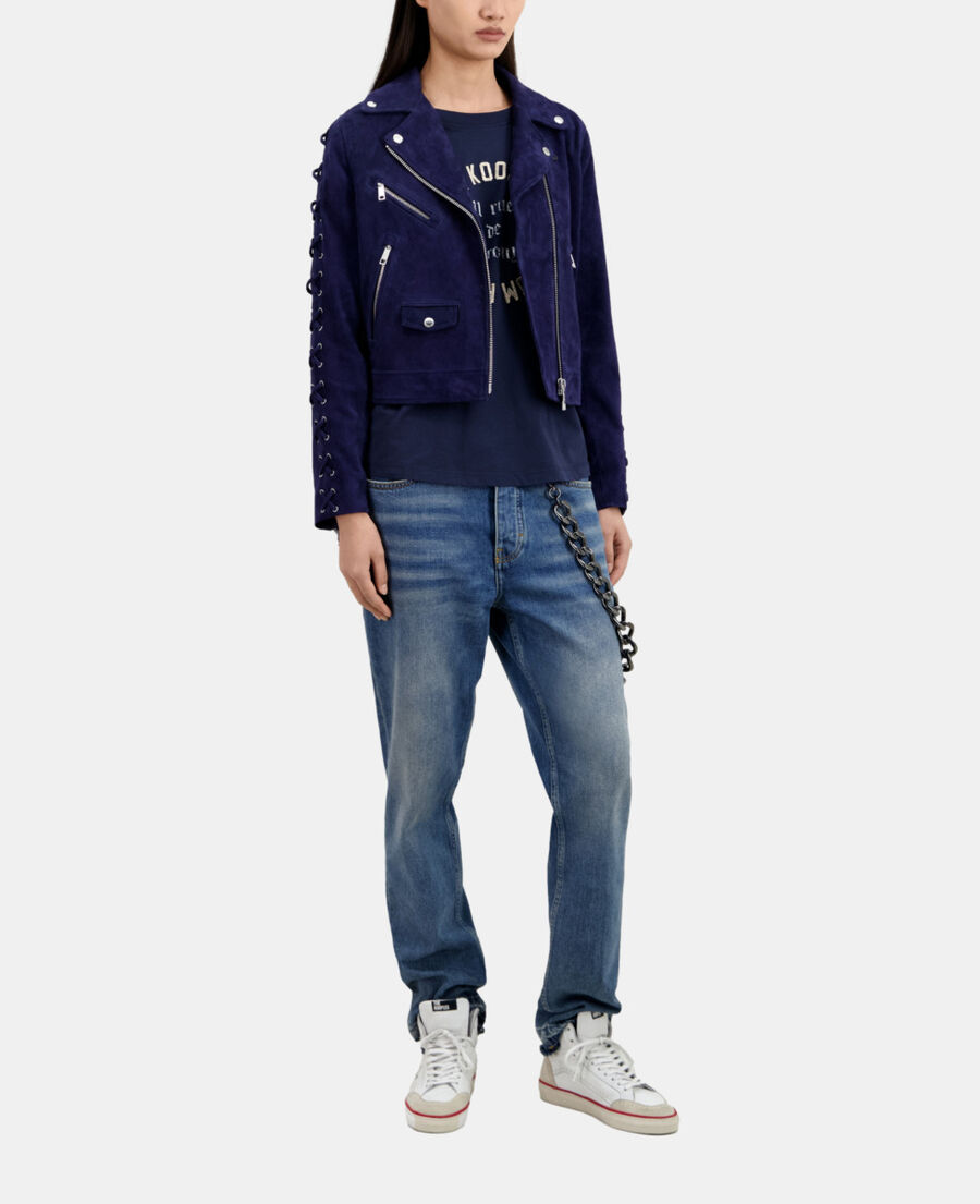 The Kooples DAMEN DARK BLUE marineblaue bikerjacke aus veloursleder