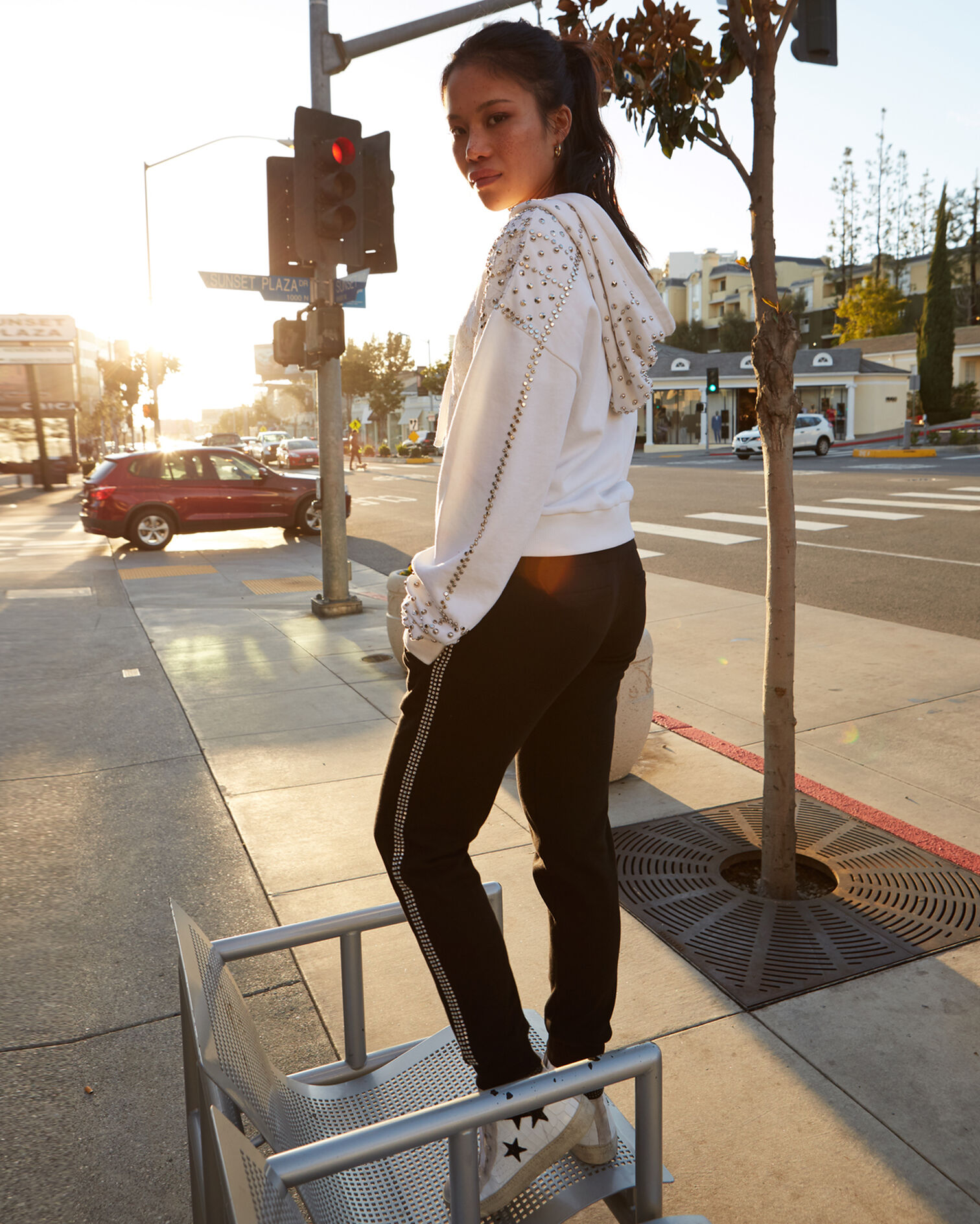 Black cotton joggers with rhinestones, BLACK, hi-res image number null