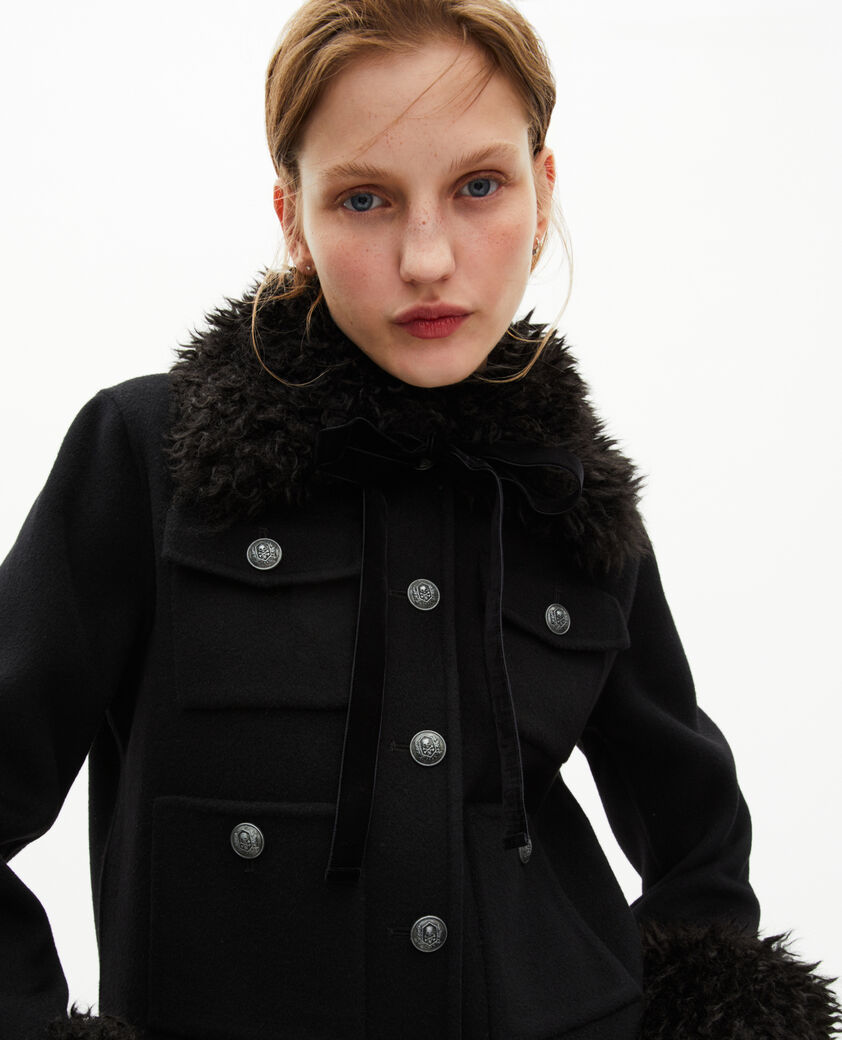 The Kooples FEMME BLACK blouson court en laine col sherpa noir