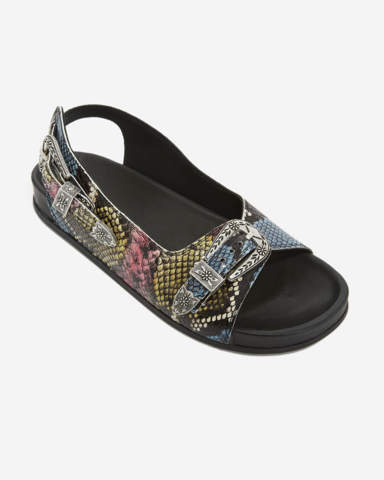 The Kooples FEMME BLACK/ PINK/ YELLOW sandales plates cuir effet serpent coloré