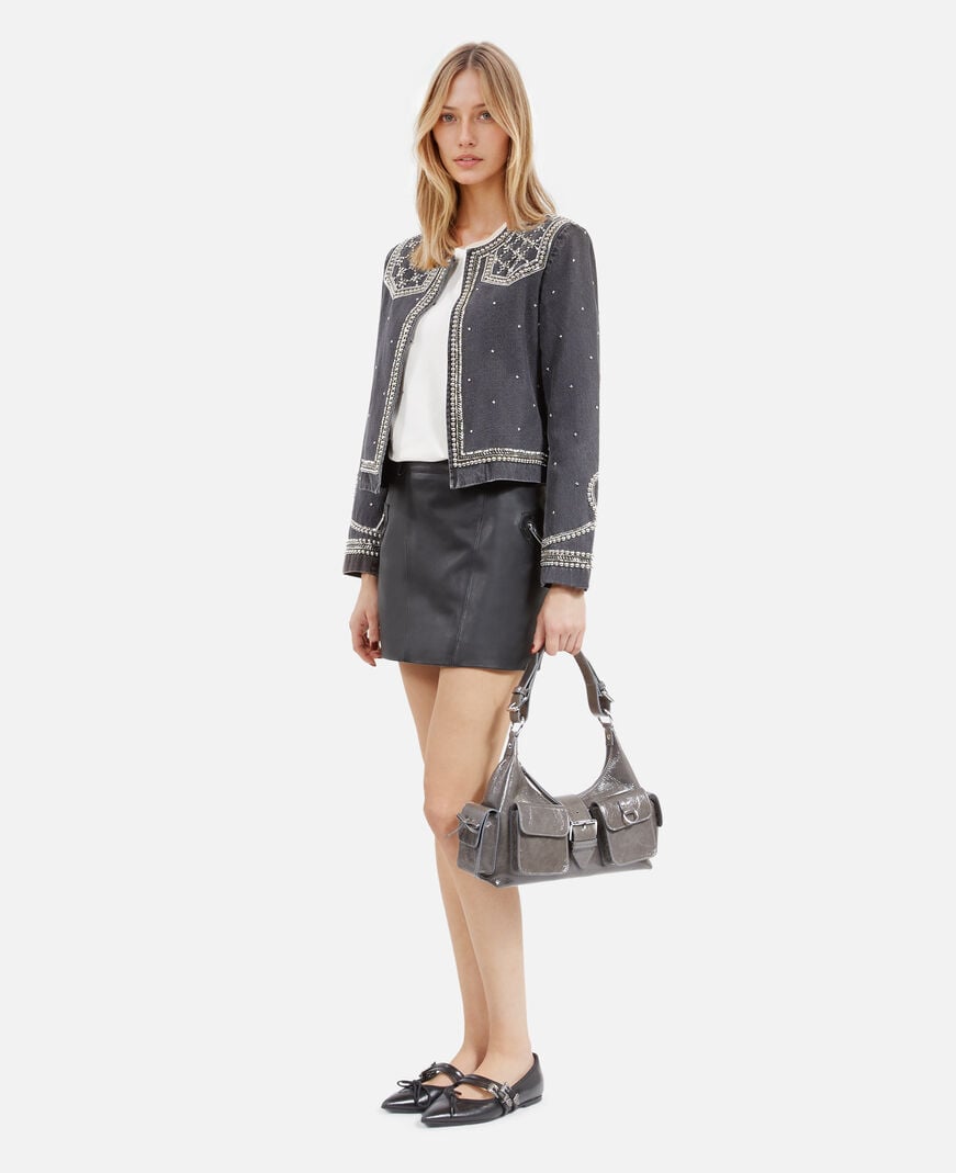 The Kooples WOMEN BLACK WASHED grey denim jacket with studs and pearls