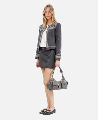 The Kooples WOMEN BLACK WASHED grey denim jacket with studs and pearls