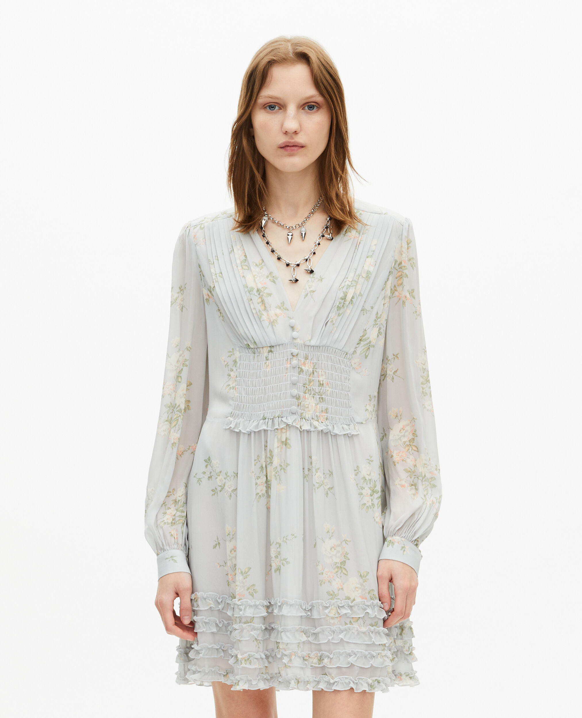 Blue floral print short dress, BLUE, hi-res image number null