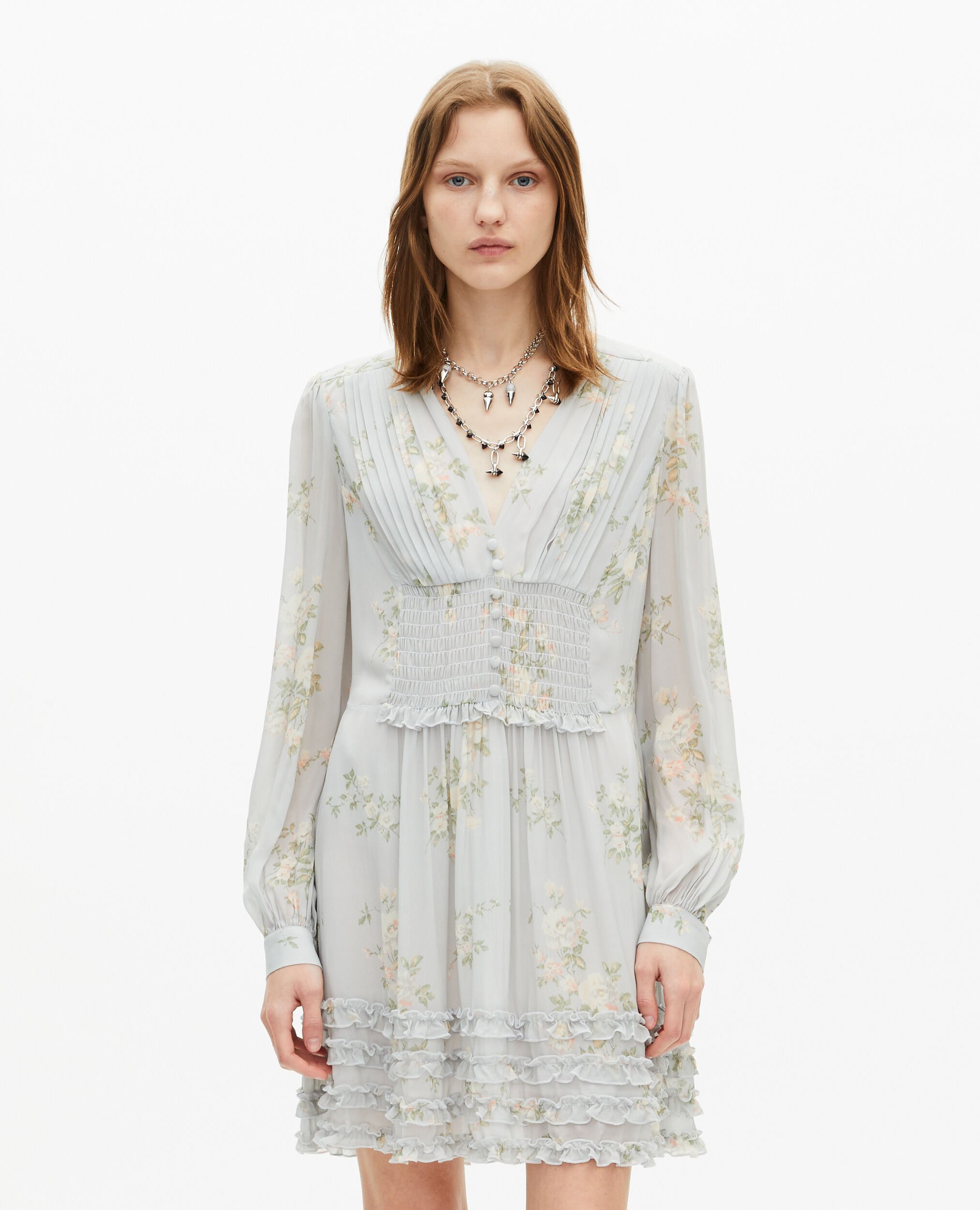 Robe courte imprimé fleuri bleue, BLUE, hi-res image number null