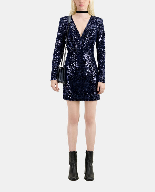 short navy blue velvet dress with sequins