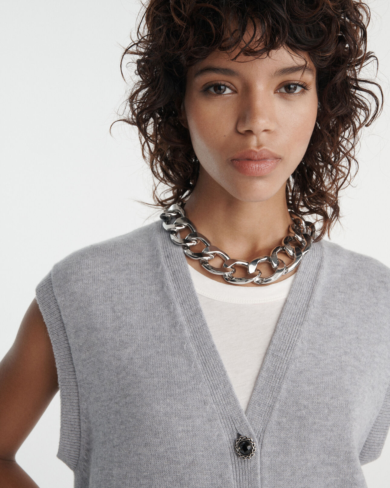 The Kooples WOMEN GREY MELANGE gray wool cardigan with jewel buttons
