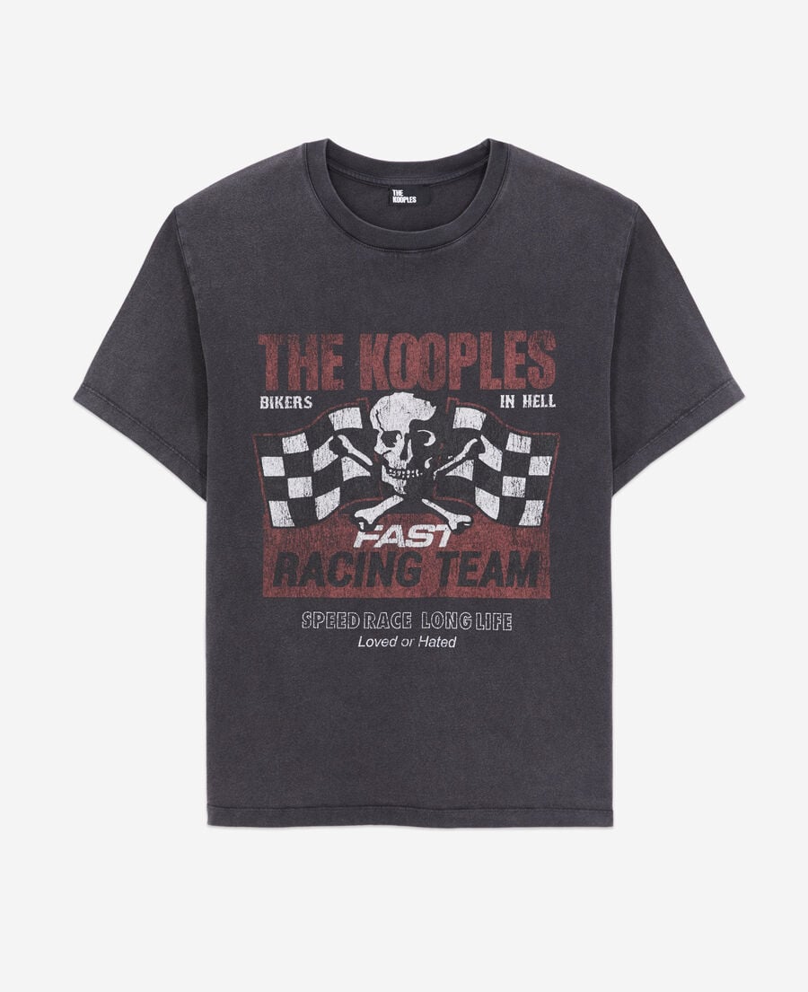 The Kooples DAMEN BLACK WASHED schwarzes t-shirt damen mit racing-skull-siebdruck