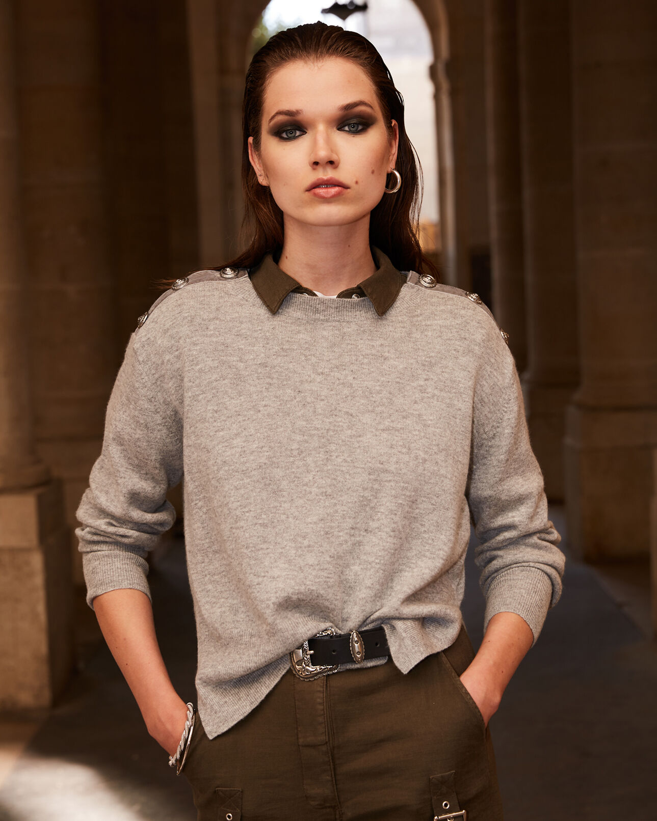 The Kooples WOMEN GREY grey wool crew-neck sweater w/buttons+chain