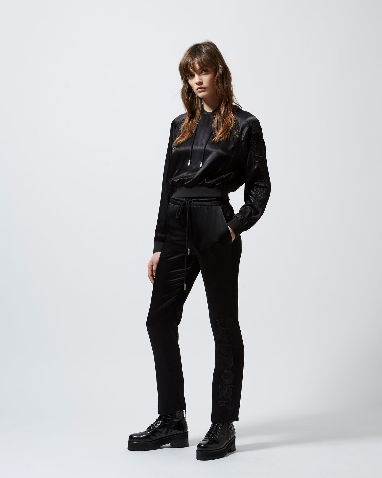 The Kooples WOMEN BLACK flowing black trousers with lace detailing