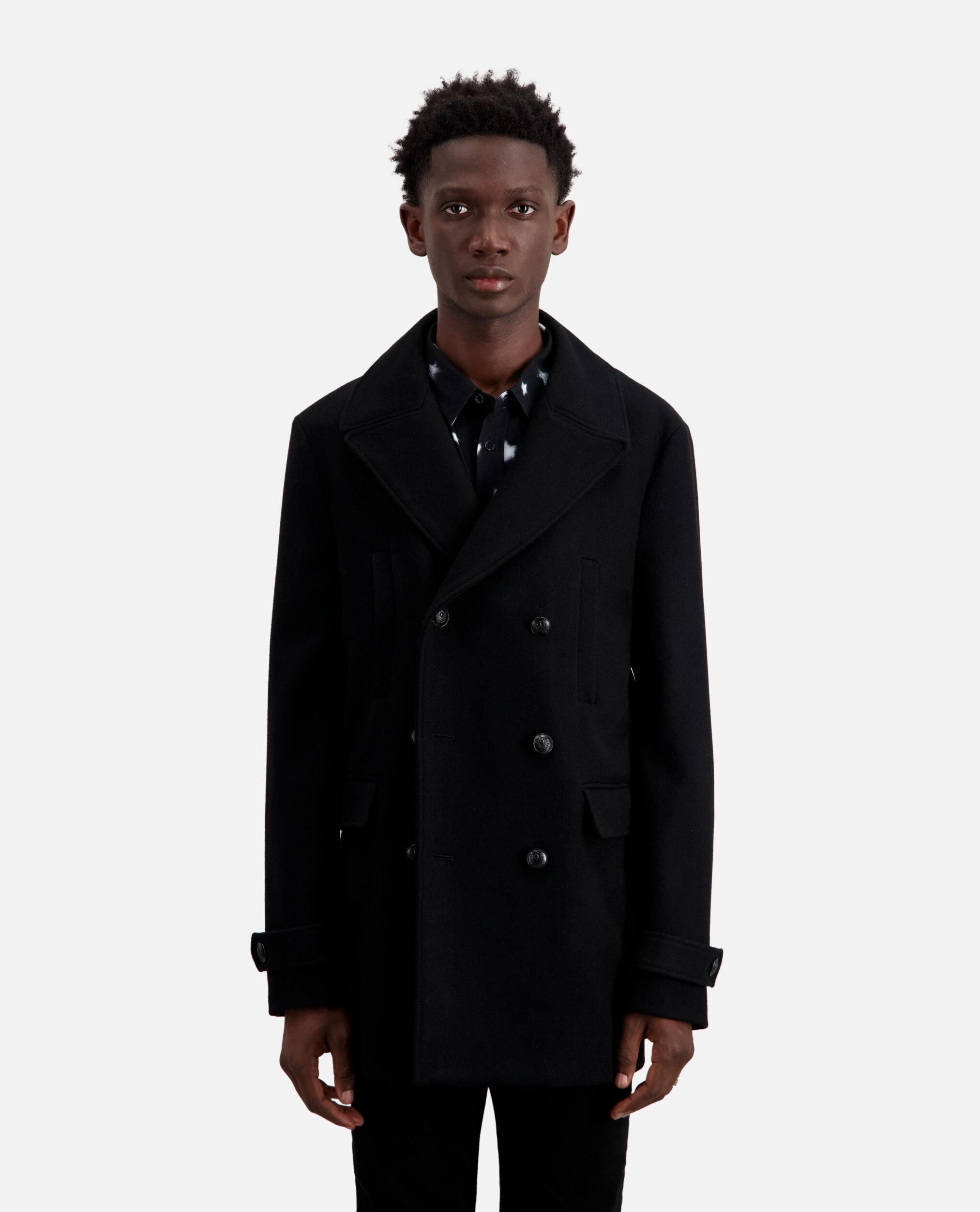 Wool-blend mid-length black pea coat, BLACK, hi-res image number null