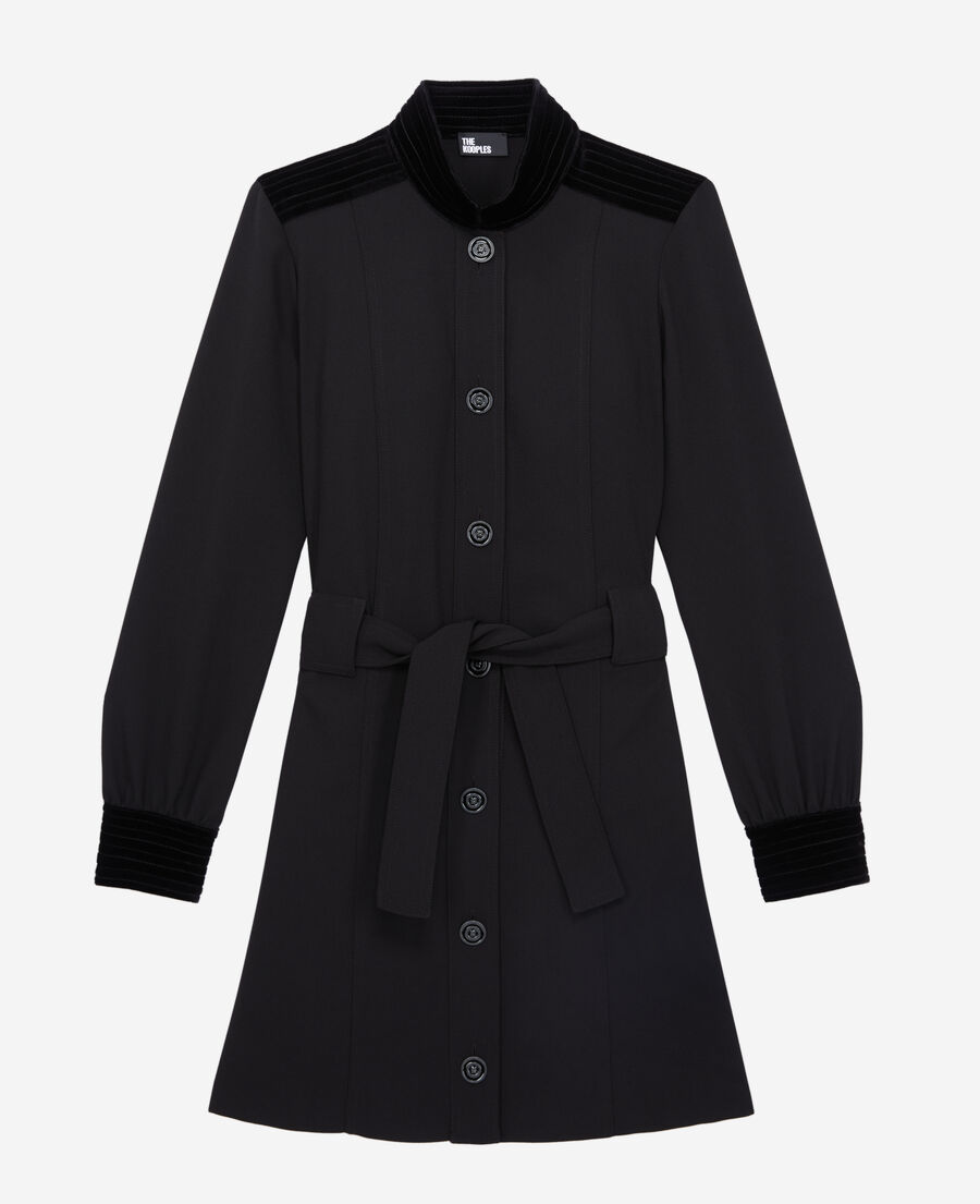 short black crepe dress with velvet details